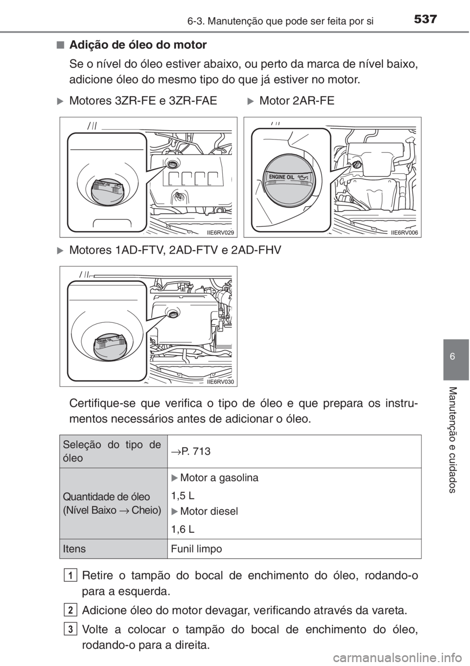 TOYOTA RAV4 2015  Manual de utilização (in Portuguese) 5376-3. Manutenção que pode ser feita por si
6
Manutenção e cuidados
■Adição de óleo do motor
Se o nível do óleo estiver abaixo, ou perto da marca de nível baixo,
adicione óleo do mesmo t