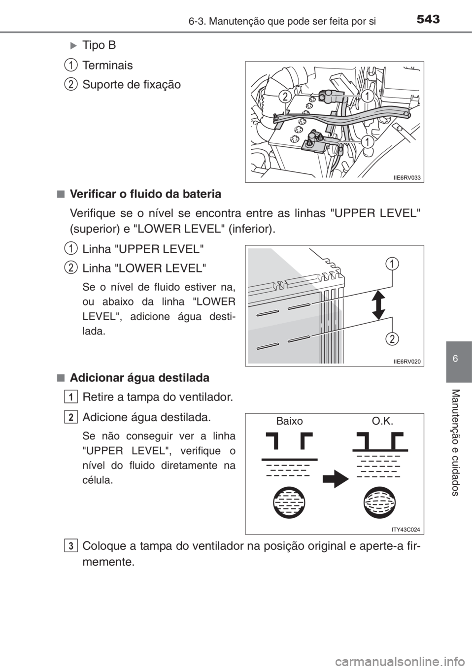 TOYOTA RAV4 2015  Manual de utilização (in Portuguese) 5436-3. Manutenção que pode ser feita por si
6
Manutenção e cuidados
�XTipo B
Terminais
Suporte de fixação
■Verificar o fluido da bateria
Verifique se o nível se encontra entre as linhas "