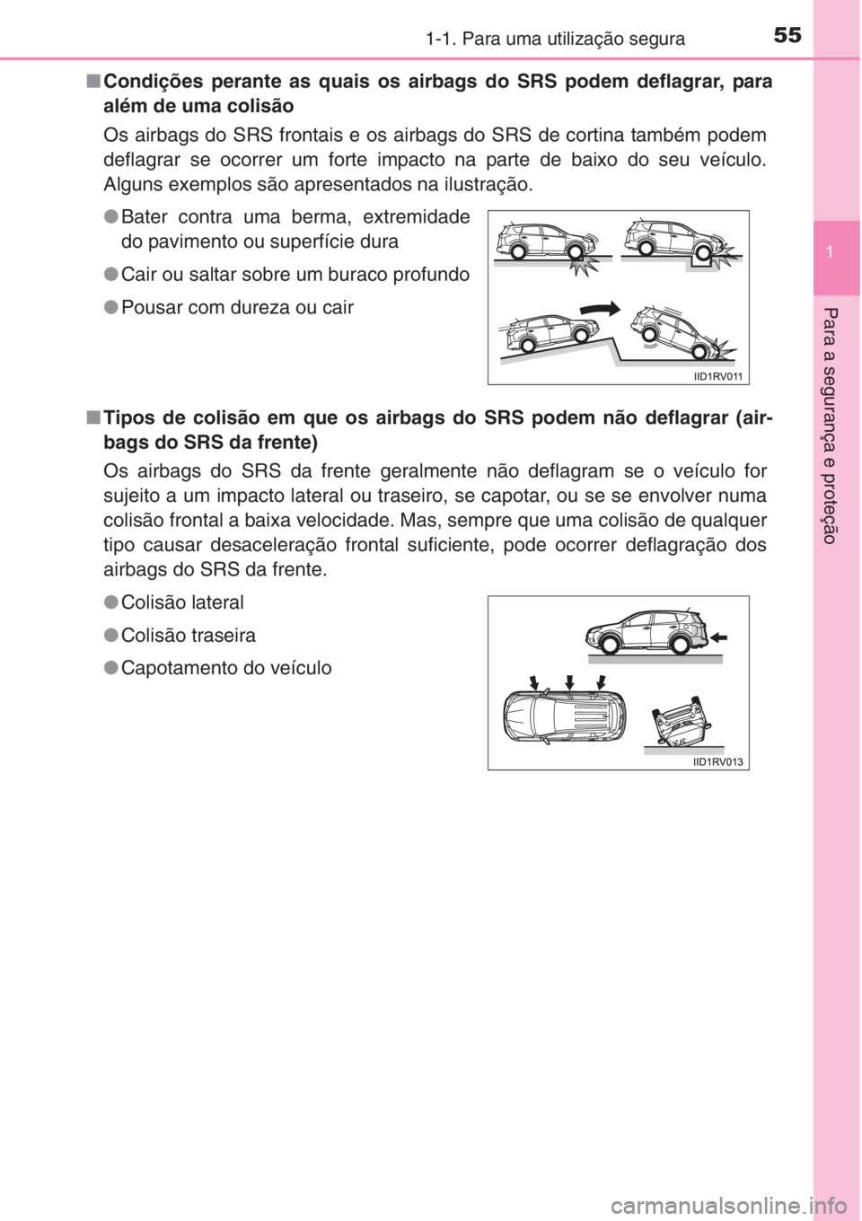 TOYOTA RAV4 2015 Manual de utilização (in Portuguese) 551-1. Para uma utilização segura
1
Para a segurança e proteção
■Condições perante as quais os airbags do SRS podem deflagrar, para
além de uma colisão
Os airbags do SRS frontais e os airba TOYOTA RAV4 2015 Manual de utilização (in Portuguese) 551-1. Para uma utilização segura
1
Para a segurança e proteção
■Condições perante as quais os airbags do SRS podem deflagrar, para
além de uma colisão
Os airbags do SRS frontais e os airba