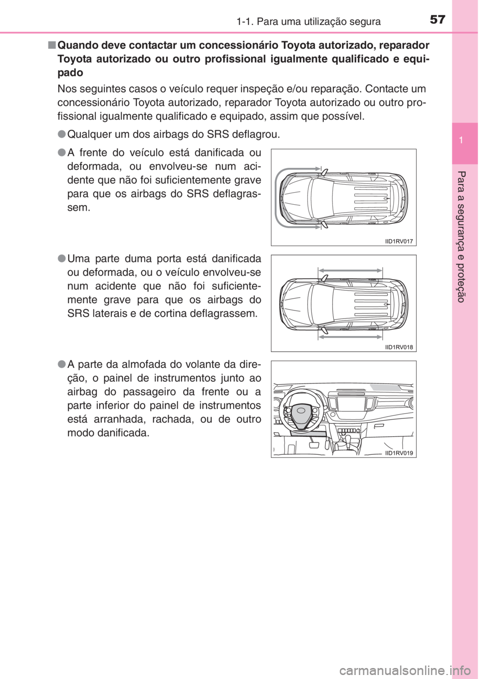 TOYOTA RAV4 2015 Manual de utilização (in Portuguese) 571-1. Para uma utilização segura
1
Para a segurança e proteção
■Quando deve contactar um concessionário Toyota autorizado, reparador
Toyota autorizado ou outro profissional igualmente qualifi TOYOTA RAV4 2015 Manual de utilização (in Portuguese) 571-1. Para uma utilização segura
1
Para a segurança e proteção
■Quando deve contactar um concessionário Toyota autorizado, reparador
Toyota autorizado ou outro profissional igualmente qualifi