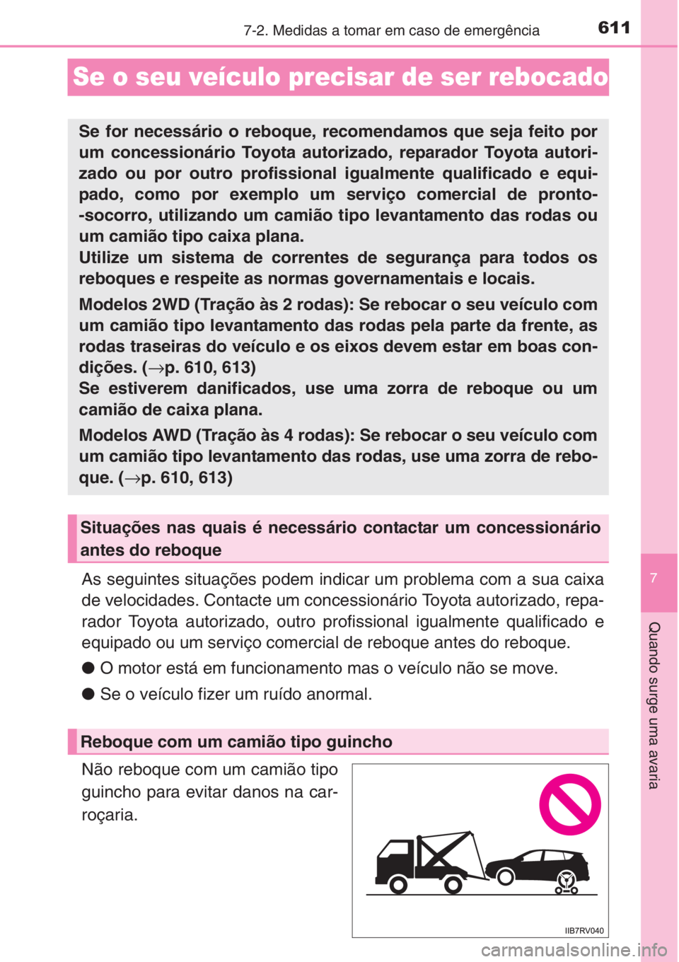 TOYOTA RAV4 2015 Manual de utilização (in Portuguese) 611
7
7-2. Medidas a tomar em caso de emergência
Quando surge uma avaria
Se o seu veículo precisar de ser rebocado
As seguintes situações podem indicar um problema com a sua caixa
de velocidades. TOYOTA RAV4 2015 Manual de utilização (in Portuguese) 611
7
7-2. Medidas a tomar em caso de emergência
Quando surge uma avaria
Se o seu veículo precisar de ser rebocado
As seguintes situações podem indicar um problema com a sua caixa
de velocidades.