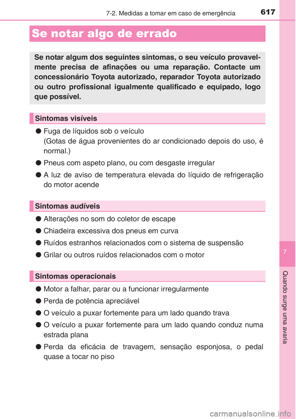 TOYOTA RAV4 2015 Manual de utilização (in Portuguese) 617
7
7-2. Medidas a tomar em caso de emergência
Quando surge uma avaria
Se notar algo de errado
●Fuga de líquidos sob o veículo
(Gotas de água provenientes do ar condicionado depois do uso, é
TOYOTA RAV4 2015 Manual de utilização (in Portuguese) 617
7
7-2. Medidas a tomar em caso de emergência
Quando surge uma avaria
Se notar algo de errado
●Fuga de líquidos sob o veículo
(Gotas de água provenientes do ar condicionado depois do uso, é