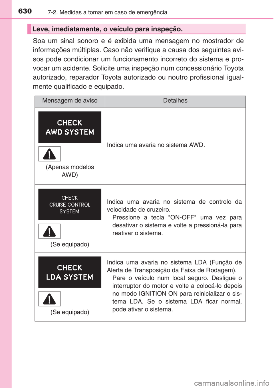 TOYOTA RAV4 2015 Manual de utilização (in Portuguese) 6307-2. Medidas a tomar em caso de emergência
Soa um sinal sonoro e é exibida uma mensagem no mostrador de
informações múltiplas. Caso não verifique a causa dos seguintes avi-
sos pode condicion TOYOTA RAV4 2015 Manual de utilização (in Portuguese) 6307-2. Medidas a tomar em caso de emergência
Soa um sinal sonoro e é exibida uma mensagem no mostrador de
informações múltiplas. Caso não verifique a causa dos seguintes avi-
sos pode condicion