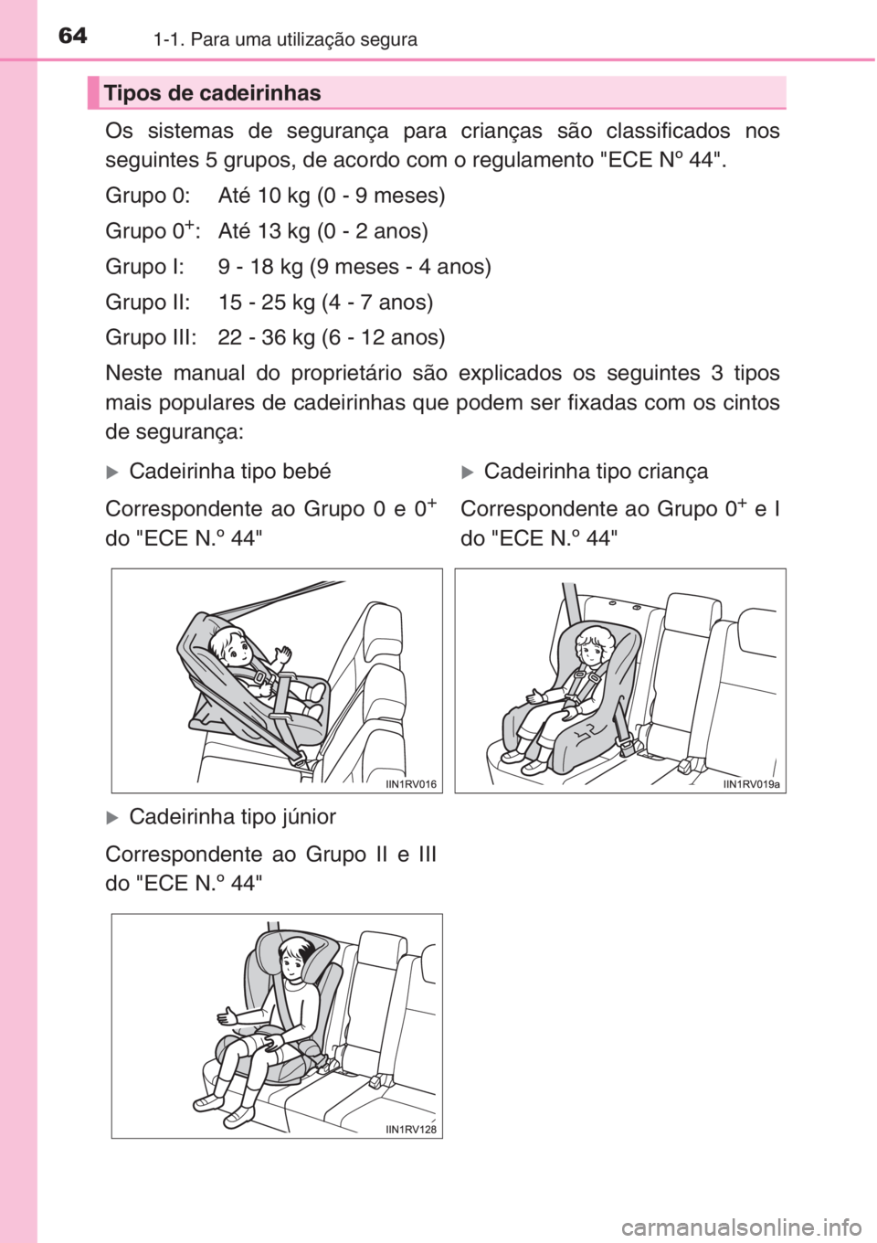 TOYOTA RAV4 2015  Manual de utilização (in Portuguese) 641-1. Para uma utilização segura
Os sistemas de segurança para crianças são classificados nos
seguintes 5 grupos, de acordo com o regulamento "ECE Nº 44".
Grupo 0: Até 10 kg (0 - 9 mes