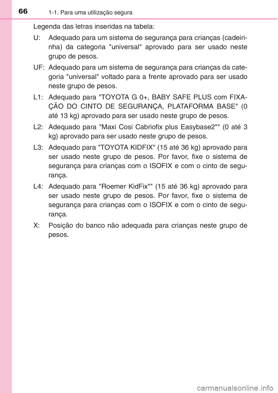 TOYOTA RAV4 2015  Manual de utilização (in Portuguese) 661-1. Para uma utilização segura
Legenda das letras inseridas na tabela:
U: Adequado para um sistema de segurança para crianças (cadeiri-
nha) da categoria "universal" aprovado para ser u