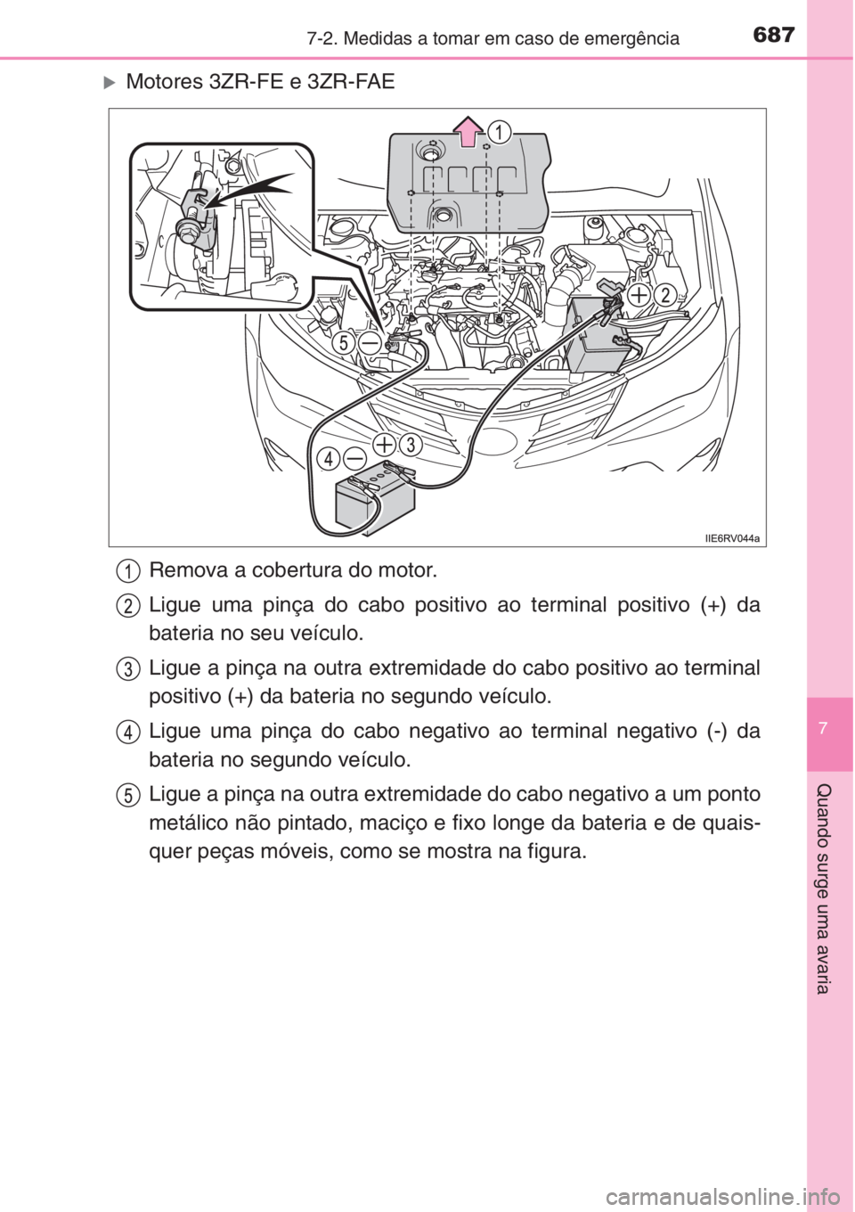 TOYOTA RAV4 2015  Manual de utilização (in Portuguese) 6877-2. Medidas a tomar em caso de emergência
7
Quando surge uma avaria
�XMotores 3ZR-FE e 3ZR-FAE
Remova a cobertura do motor.
Ligue uma pinça do cabo positivo ao terminal positivo (+) da
bateria n