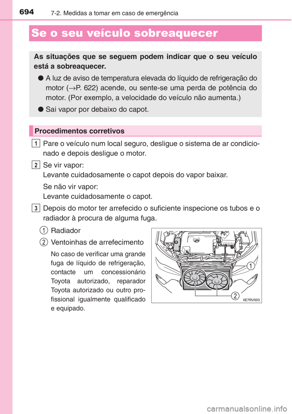 TOYOTA RAV4 2015 Manual de utilização (in Portuguese) 6947-2. Medidas a tomar em caso de emergência
Se o seu veículo sobreaquecer
Pare o veículo num local seguro, desligue o sistema de ar condicio-
nado e depois desligue o motor.
Se vir vapor:
Levante TOYOTA RAV4 2015 Manual de utilização (in Portuguese) 6947-2. Medidas a tomar em caso de emergência
Se o seu veículo sobreaquecer
Pare o veículo num local seguro, desligue o sistema de ar condicio-
nado e depois desligue o motor.
Se vir vapor:
Levante