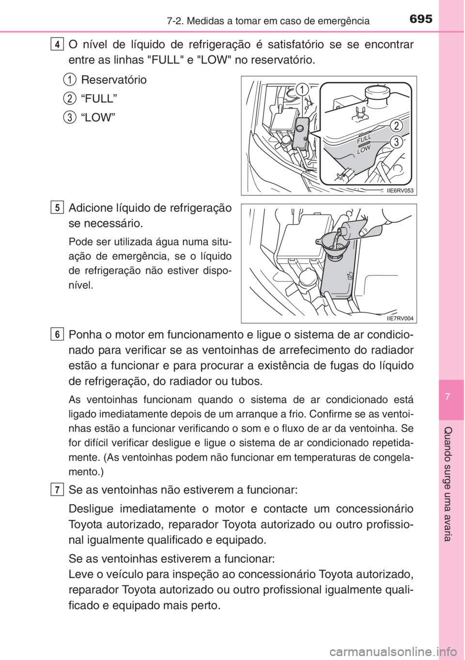 TOYOTA RAV4 2015 Manual de utilização (in Portuguese) 6957-2. Medidas a tomar em caso de emergência
7
Quando surge uma avaria
O nível de líquido de refrigeração é satisfatório se se encontrar
entre as linhas "FULL" e "LOW" no reser TOYOTA RAV4 2015 Manual de utilização (in Portuguese) 6957-2. Medidas a tomar em caso de emergência
7
Quando surge uma avaria
O nível de líquido de refrigeração é satisfatório se se encontrar
entre as linhas "FULL" e "LOW" no reser