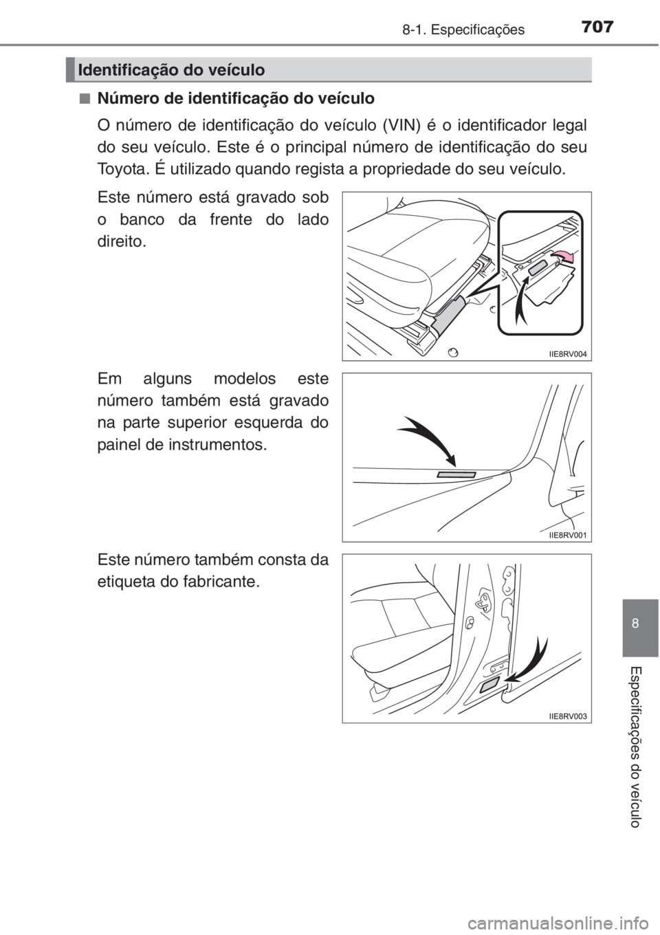 TOYOTA RAV4 2015  Manual de utilização (in Portuguese) 707
8
8-1. Especificações
Especificações do veículo
■Número de identificação do veículo
O número de identificação do veículo (VIN) é o identificador legal
do seu veículo. Este é o pr