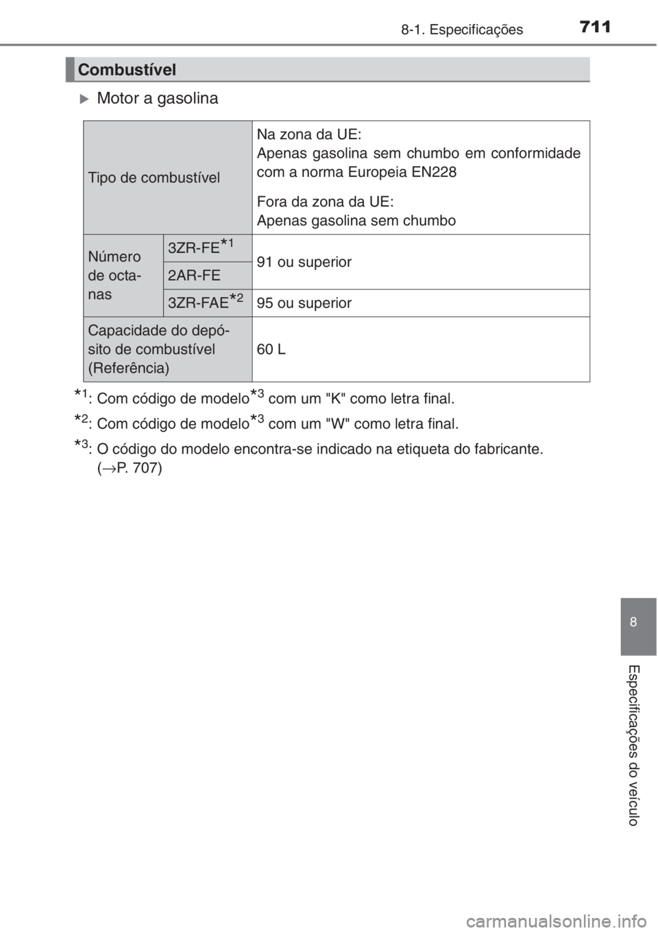 TOYOTA RAV4 2015  Manual de utilização (in Portuguese) 711
8
8-1. Especificações
Especificações do veículo
�XMotor a gasolina
*1: Com código de modelo*3 com um "K" como letra final.
*2: Com código de modelo*3 com um "W" como letra f