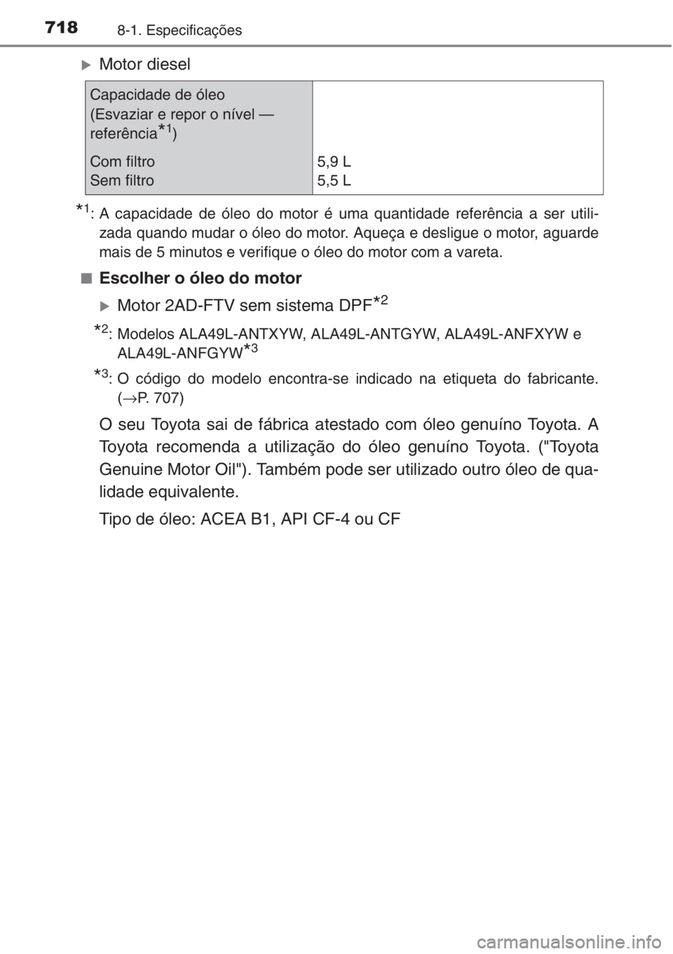 TOYOTA RAV4 2015  Manual de utilização (in Portuguese) 7188-1. Especificações
�XMotor diesel
*1: A capacidade de óleo do motor é uma quantidade referência a ser utili-
zada quando mudar o óleo do motor. Aqueça e desligue o motor, aguarde
mais de 5 