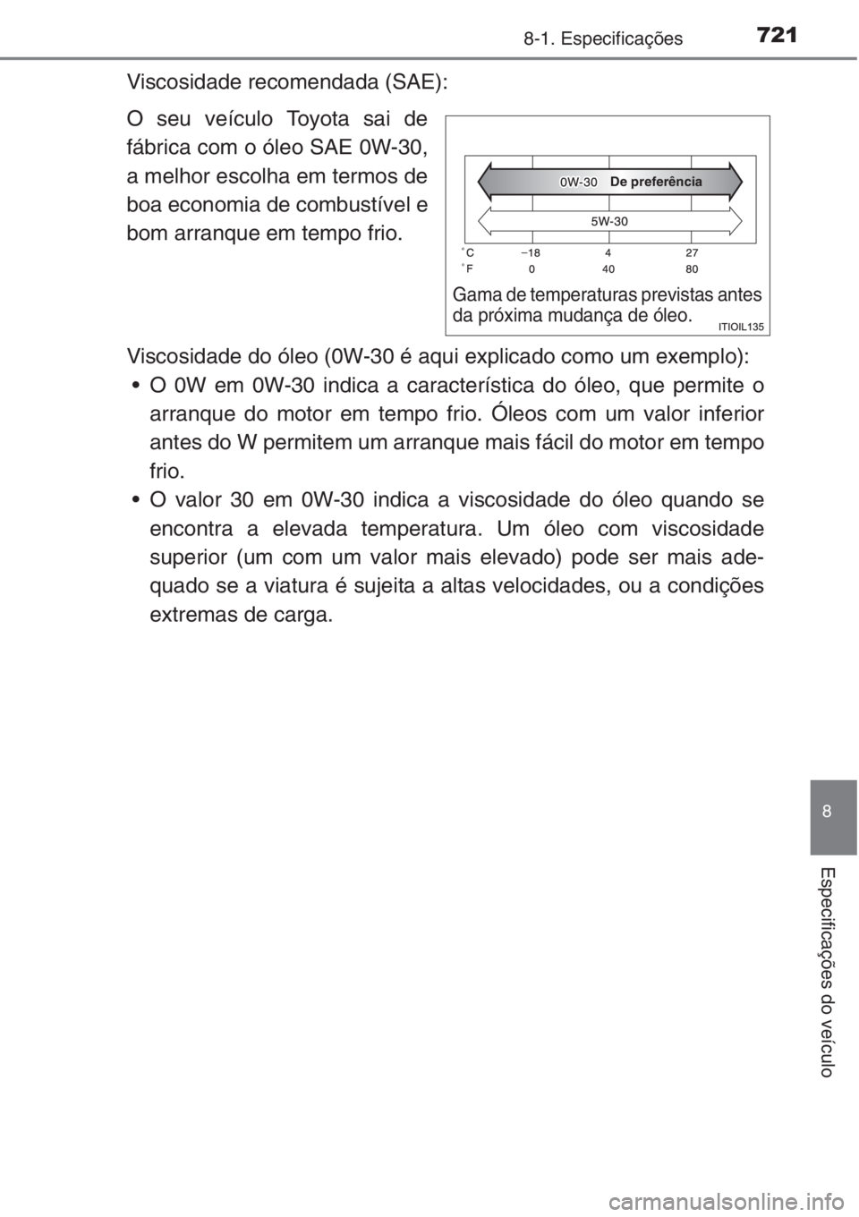 TOYOTA RAV4 2015  Manual de utilização (in Portuguese) 721
8
8-1. Especificações
Especificações do veículo
Viscosidade recomendada (SAE):
O seu veículo Toyota sai de
fábrica com o óleo SAE 0W-30,
a melhor escolha em termos de
boa economia de combu
