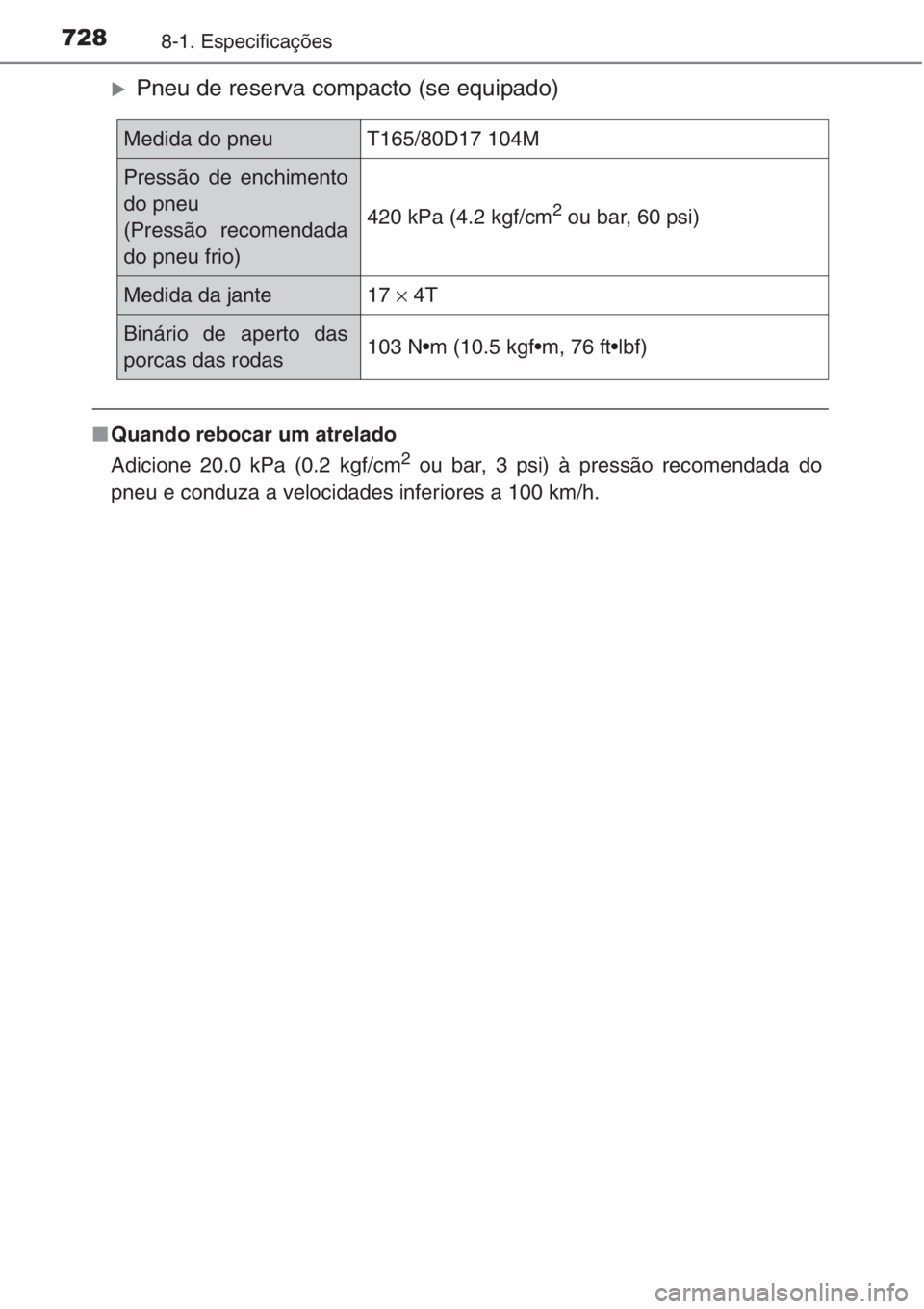 TOYOTA RAV4 2015  Manual de utilização (in Portuguese) 7288-1. Especificações
�XPneu de reserva compacto (se equipado)
■Quando rebocar um atrelado
Adicione 20.0 kPa (0.2 kgf/cm
2 ou bar, 3 psi) à pressão recomendada do
pneu e conduza a velocidades i