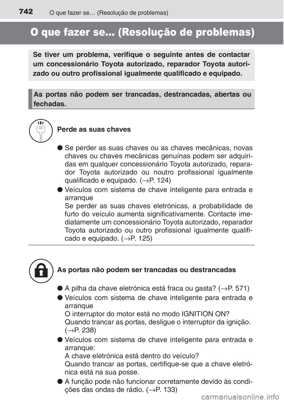 TOYOTA RAV4 2015 Manual de utilização (in Portuguese) 742O que fazer se… (Resolução de problemas)
O que fazer se… (Resolução de problemas)
●Se perder as suas chaves ou as chaves mecânicas, novas
chaves ou chaves mecânicas genuínas podem ser TOYOTA RAV4 2015 Manual de utilização (in Portuguese) 742O que fazer se… (Resolução de problemas)
O que fazer se… (Resolução de problemas)
●Se perder as suas chaves ou as chaves mecânicas, novas
chaves ou chaves mecânicas genuínas podem ser