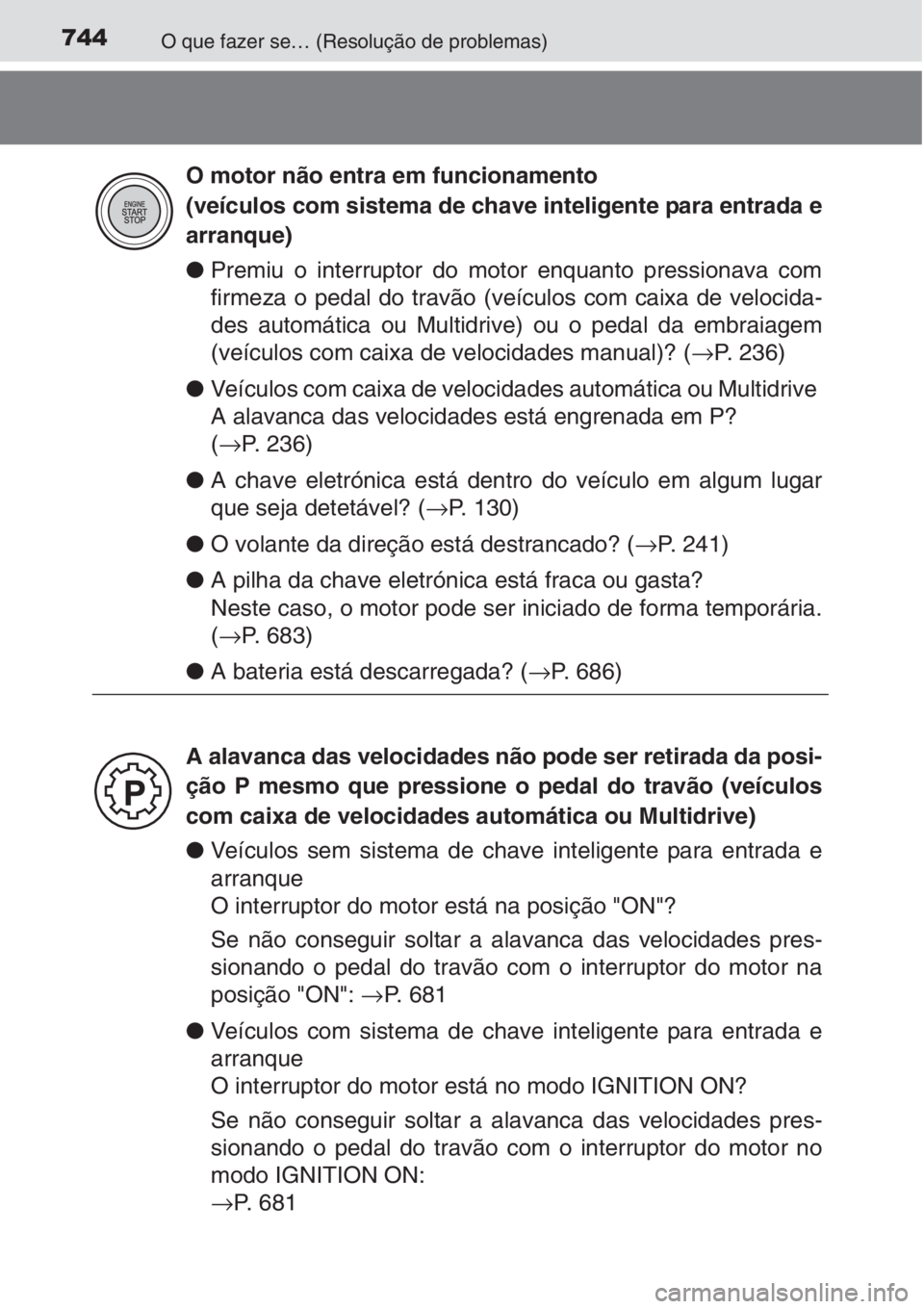 TOYOTA RAV4 2015 Manual de utilização (in Portuguese) 744O que fazer se… (Resolução de problemas)
●Premiu o interruptor do motor enquanto pressionava com
firmeza o pedal do travão (veículos com caixa de velocida-
des automática ou Multidrive) ou TOYOTA RAV4 2015 Manual de utilização (in Portuguese) 744O que fazer se… (Resolução de problemas)
●Premiu o interruptor do motor enquanto pressionava com
firmeza o pedal do travão (veículos com caixa de velocida-
des automática ou Multidrive) ou
