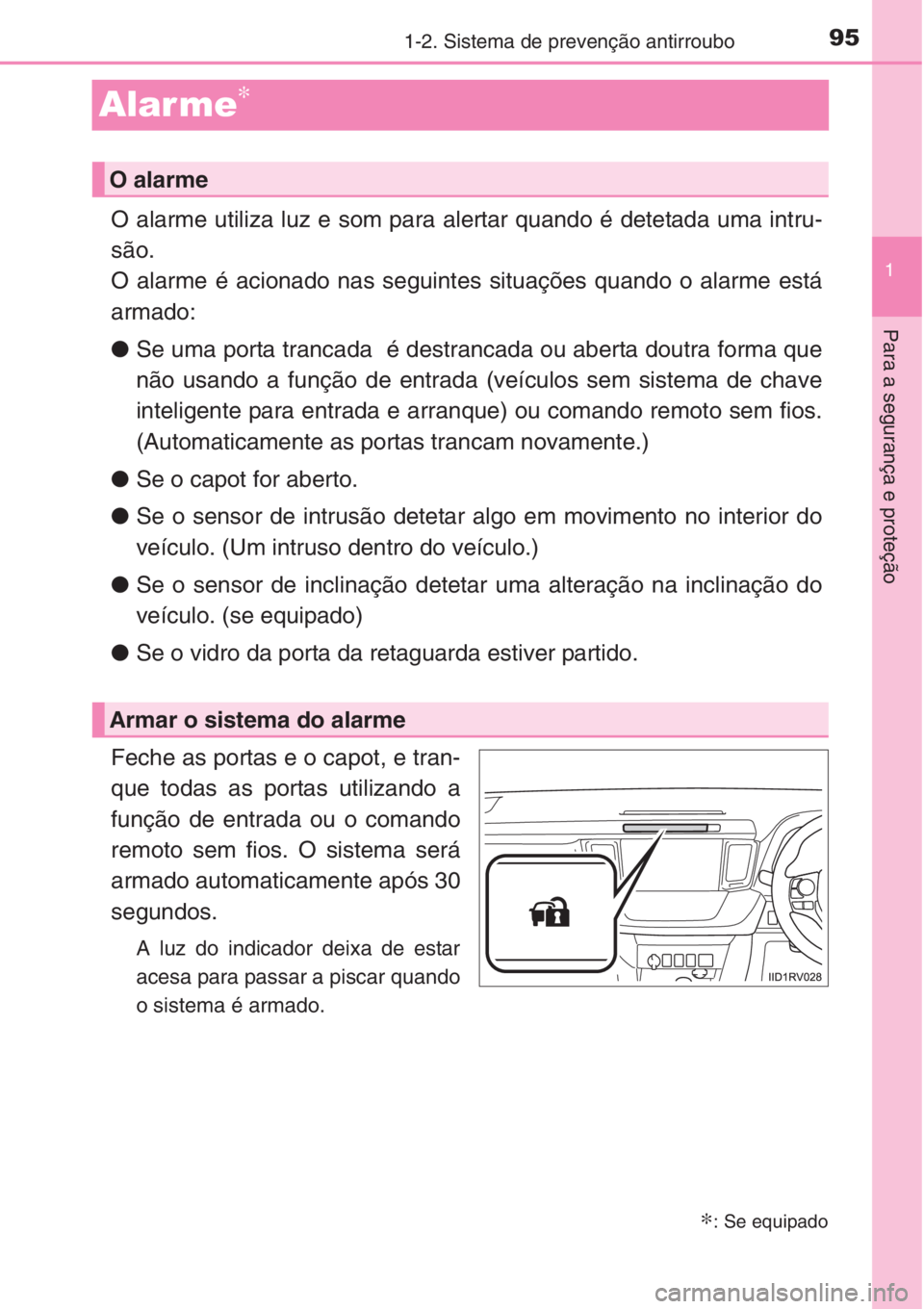 TOYOTA RAV4 2015 Manual de utilização (in Portuguese) 95
1
1-2. Sistema de prevenção antirroubo
Para a segurança e proteção
Alarme∗
O alarme utiliza luz e som para alertar quando é detetada uma intru-
são.
O alarme é acionado nas seguintes situ TOYOTA RAV4 2015 Manual de utilização (in Portuguese) 95
1
1-2. Sistema de prevenção antirroubo
Para a segurança e proteção
Alarme∗
O alarme utiliza luz e som para alertar quando é detetada uma intru-
são.
O alarme é acionado nas seguintes situ