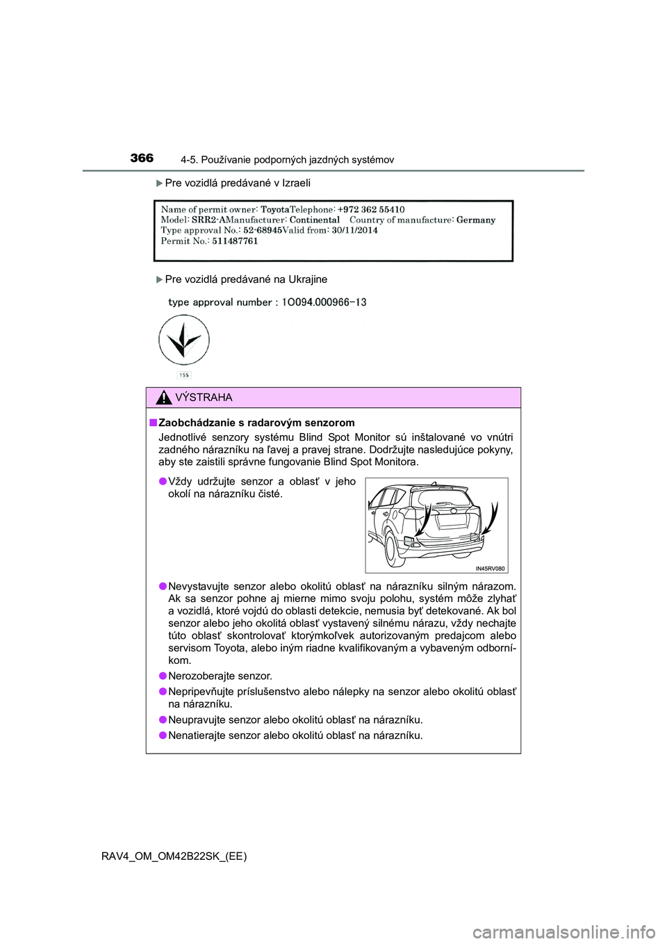 TOYOTA RAV4 2015  Návod na použitie (in Slovakian) 3664-5. Používanie podporných jazdných systémov
 RAV4_OM_OM42B22SK_(EE)
Pre vozidlá predávané v Izraeli
Pre vozidlá predávané na Ukrajine
VÝSTRAHA
■Zaobchádzanie s radarovým senz