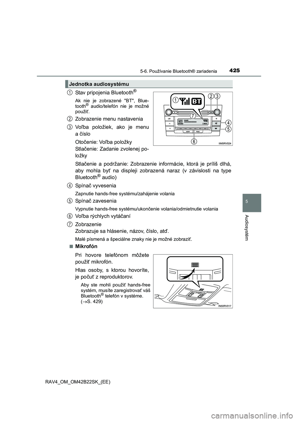 TOYOTA RAV4 2015 Návod na použitie (in Slovakian) 4255-6. Používanie Bluetooth® zariadenia
5
Audiosystém
RAV4_OM_OM42B22SK_(EE)
Stav pripojenia Bluetooth®
Ak nie je zobrazené "BT", Blue-
tooth® audio/telefón nie je možné
použi ť.
Zobraz TOYOTA RAV4 2015 Návod na použitie (in Slovakian) 4255-6. Používanie Bluetooth® zariadenia
5
Audiosystém
RAV4_OM_OM42B22SK_(EE)
Stav pripojenia Bluetooth®
Ak nie je zobrazené "BT", Blue-
tooth® audio/telefón nie je možné
použi ť.
Zobraz