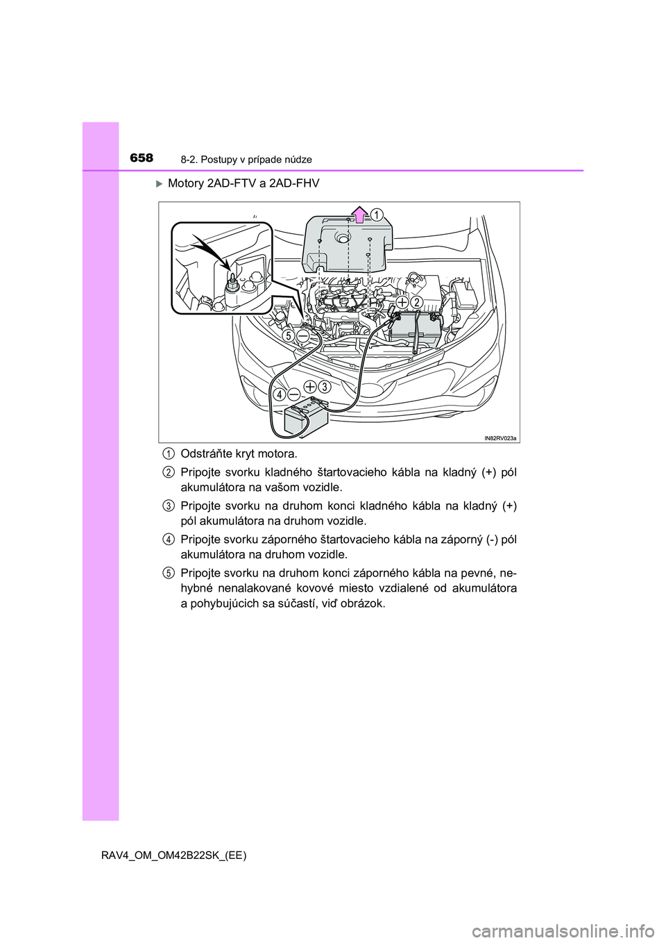 TOYOTA RAV4 2015  Návod na použitie (in Slovakian) 6588-2. Postupy v prípade núdze
 RAV4_OM_OM42B22SK_(EE)
Motory 2AD-FTV a 2AD-FHV 
Odstrá ňte kryt motora. 
Pripojte svorku kladného štartovacieho kábla na kladný (+) pól 
akumulátora na v