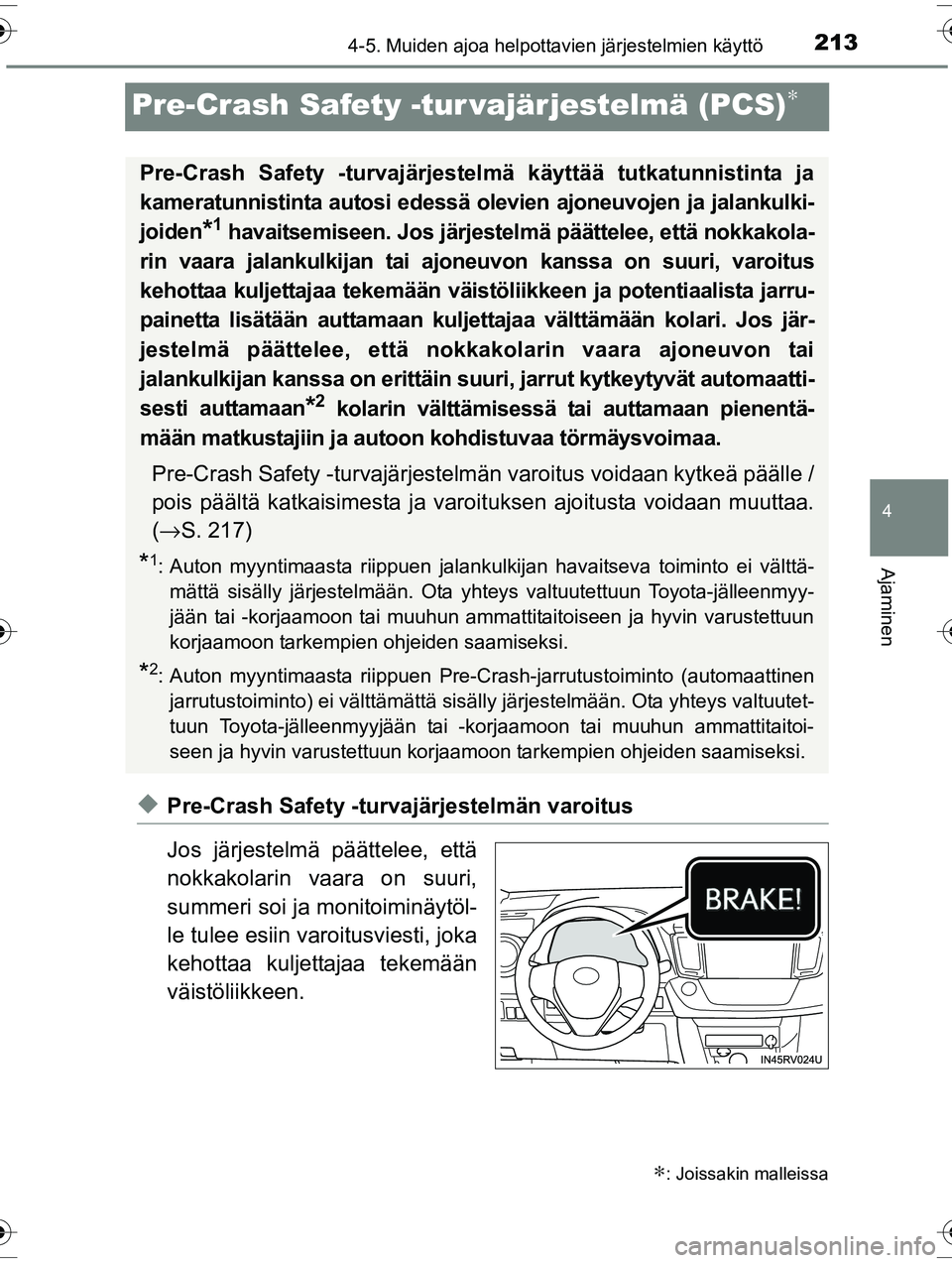 TOYOTA RAV4 2015  Omistajan Käsikirja (in Finnish) 213
4
4-5. Muiden ajoa helpottavien järjestelmien käyttö
Ajaminen
OM42A57FI
Pre-Crash Safety -tur vajärjestelmä (PCS)∗
◆Pre-Crash Safety -turvajärjestelmän varoitus
Jos järjestelmä päät