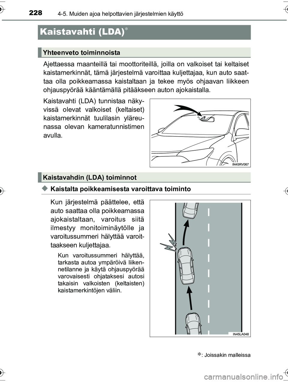 TOYOTA RAV4 2015  Omistajan Käsikirja (in Finnish) 2284-5. Muiden ajoa helpottavien järjestelmien käyttö
OM42A57FI
Kaistavahti (LDA)∗
Ajettaessa maanteillä tai moottoriteillä, joilla on valkoiset tai keltaiset
kaistamerkinnät, tämä järjeste