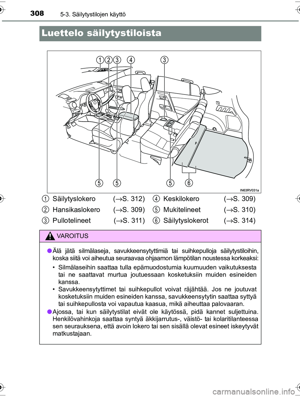 TOYOTA RAV4 2015 Omistajan Käsikirja (in Finnish) 3085-3. Säilytystilojen käyttö
OM42A57FI
Luettelo säilytystiloista
Säilytyslokero (→S. 312)
Hansikaslokero ( →S. 309)
Pullotelineet ( →S. 311) Keskilokero (
→S. 309)
Mukitelineet ( →S TOYOTA RAV4 2015 Omistajan Käsikirja (in Finnish) 3085-3. Säilytystilojen käyttö
OM42A57FI
Luettelo säilytystiloista
Säilytyslokero (→S. 312)
Hansikaslokero ( →S. 309)
Pullotelineet ( →S. 311) Keskilokero (
→S. 309)
Mukitelineet ( →S