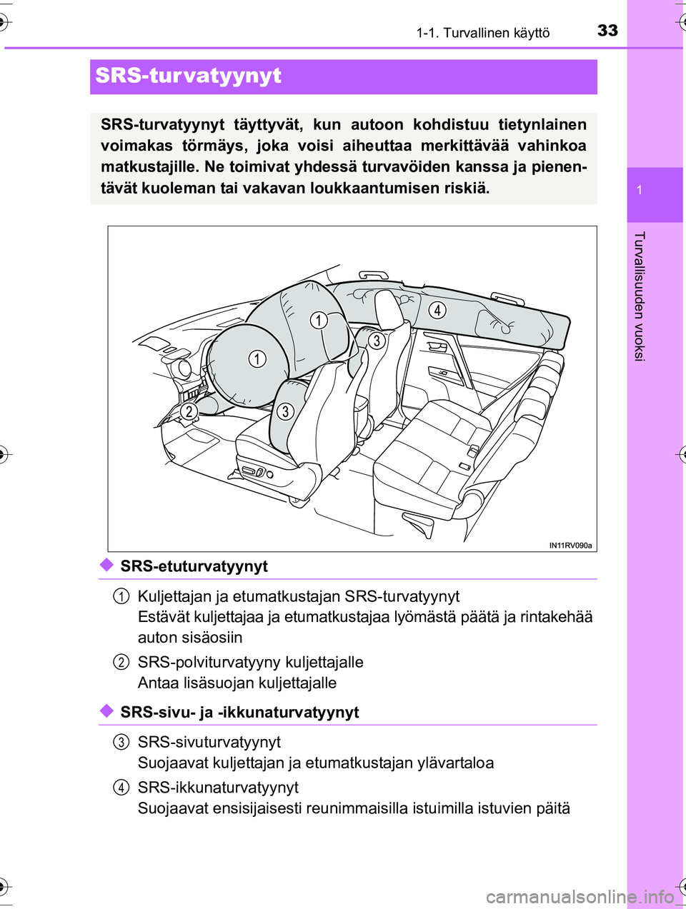 TOYOTA RAV4 2015  Omistajan Käsikirja (in Finnish) 331-1. Turvallinen käyttö
1
Turvallisuuden vuoksi
OM42A57FI
SRS-tur vatyynyt
◆SRS-etuturvatyynytKuljettajan ja etumatkustajan SRS-turvatyynyt
Estävät kuljettajaa ja etumatkustajaa lyömästä p