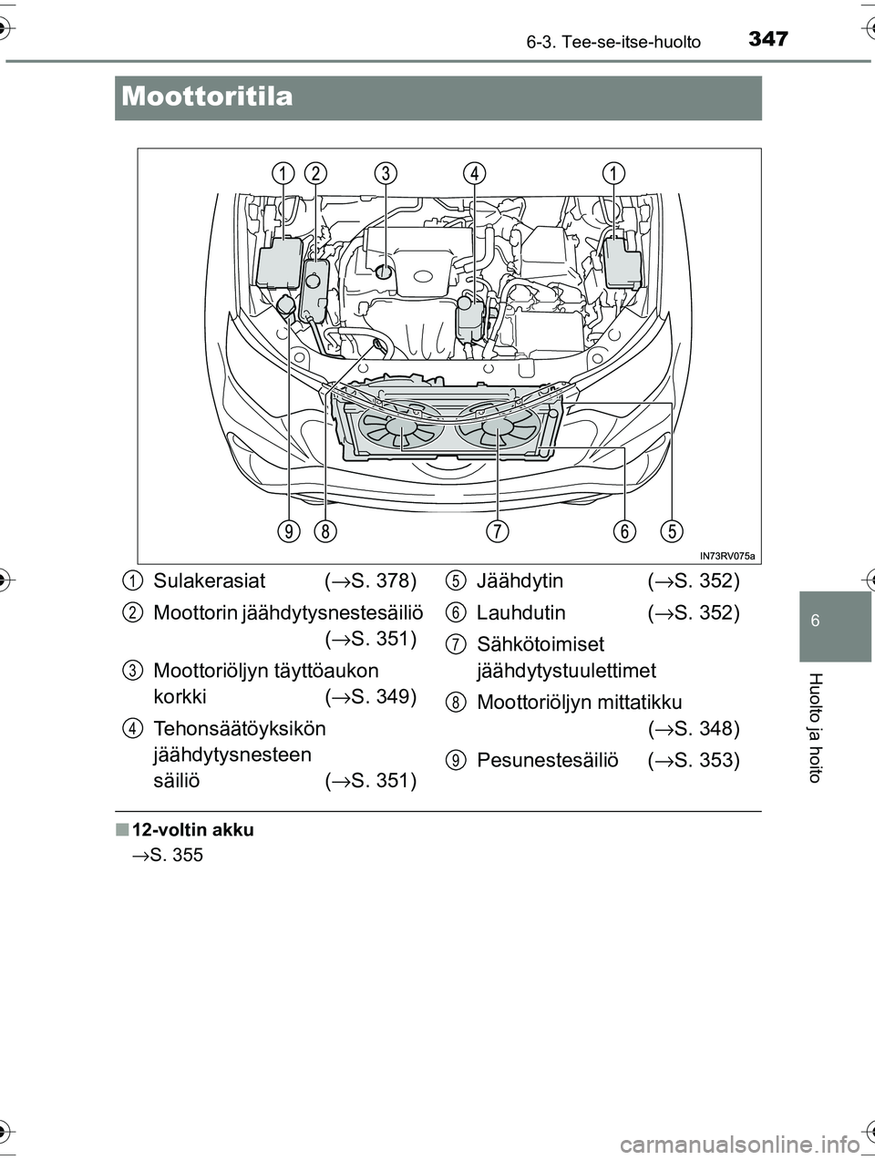 TOYOTA RAV4 2015  Omistajan Käsikirja (in Finnish) 3476-3. Tee-se-itse-huolto
OM42A57FI
6
Huolto ja hoito
Moottoritila
■12-voltin akku
→S. 355
Sulakerasiat ( →S. 378)
Moottorin jäähdytysnestesäiliö  (→ S. 351)
Moottoriöljyn täyttöaukon 
