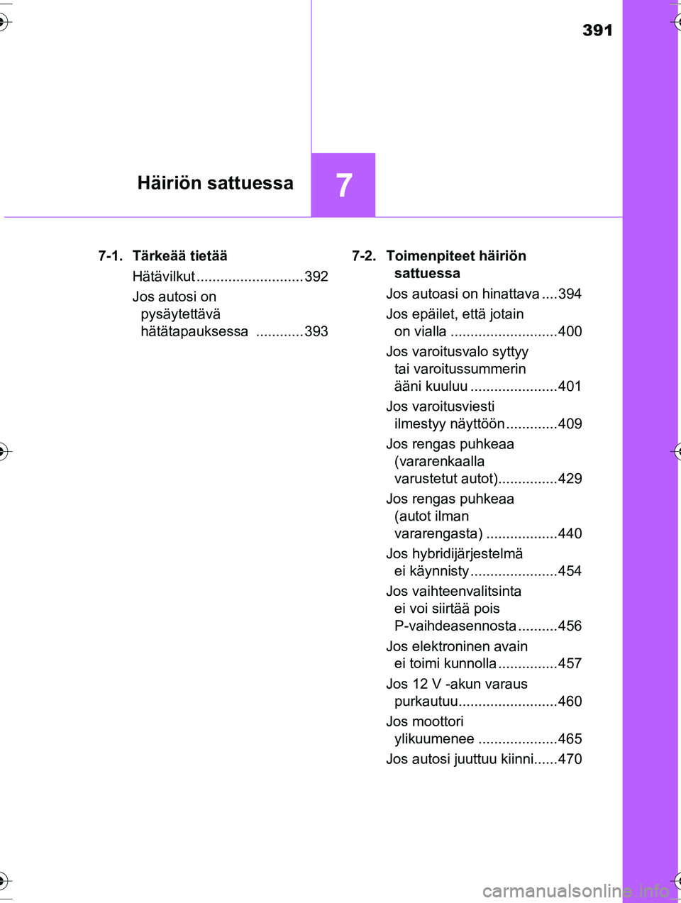 TOYOTA RAV4 2015  Omistajan Käsikirja (in Finnish) 391
7Häiriön sattuessa
OM42A57FI7-1. Tärkeää tietää
Hätävilkut ........................... 392
Jos autosi on pysäytettävä 
hätätapauksessa ............ 393 7-2. Toimenpiteet häiriön 
s