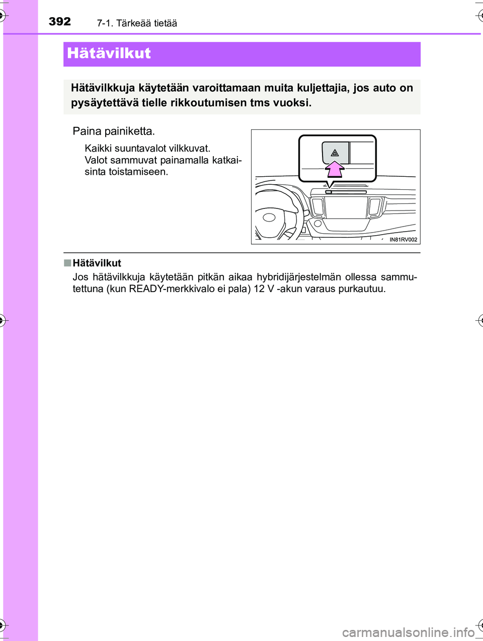 TOYOTA RAV4 2015  Omistajan Käsikirja (in Finnish) 3927-1. Tärkeää tietää
OM42A57FI
Hätävilkut
Paina painiketta.
Kaikki suuntavalot vilkkuvat.
Valot sammuvat painamalla katkai-
sinta toistamiseen.
■Hätävilkut
Jos hätävilkkuja käytetään