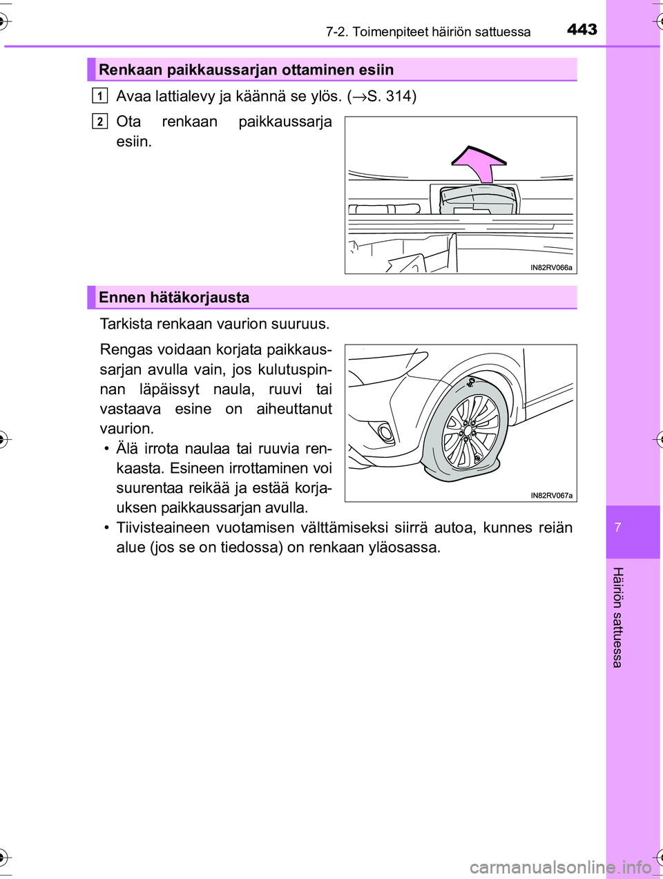 TOYOTA RAV4 2015  Omistajan Käsikirja (in Finnish) 4437-2. Toimenpiteet häiriön sattuessa
OM42A57FI
7
Häiriön sattuessa
Avaa lattialevy ja käännä se ylös. (→S. 314)
Ota renkaan paikkaussarja
esiin.
Tarkista renkaan vaurion suuruus.
Rengas vo