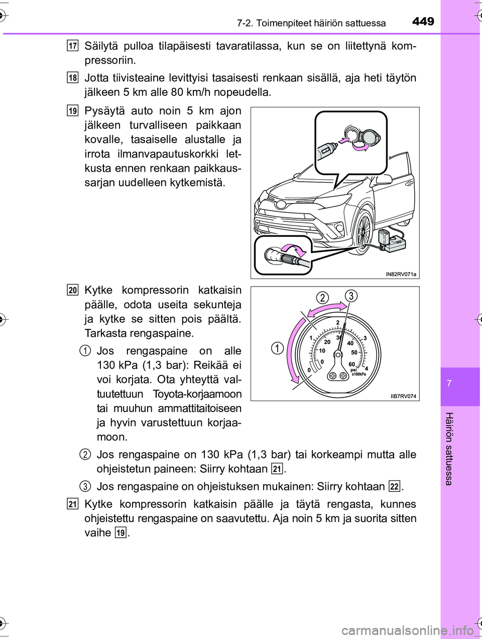 TOYOTA RAV4 2015  Omistajan Käsikirja (in Finnish) 4497-2. Toimenpiteet häiriön sattuessa
OM42A57FI
7
Häiriön sattuessa
Säilytä pulloa tilapäisesti tavaratilassa, kun se on liitettynä kom-
pressoriin.
Jotta tiivisteaine levittyisi tasaisesti r