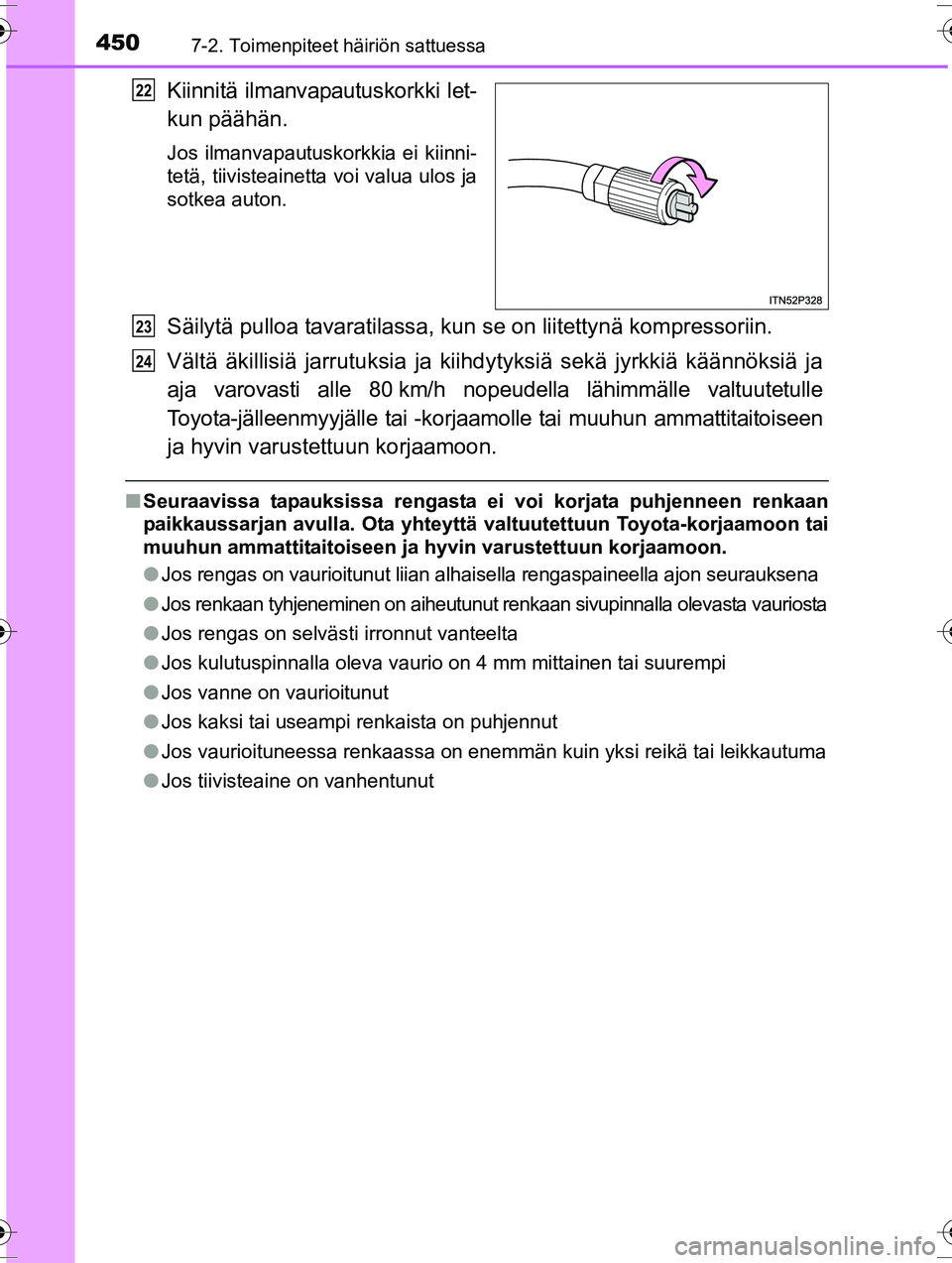 TOYOTA RAV4 2015  Omistajan Käsikirja (in Finnish) 4507-2. Toimenpiteet häiriön sattuessa
OM42A57FI
Kiinnitä ilmanvapautuskorkki let-
kun päähän.
Jos ilmanvapautuskorkkia ei kiinni-
tetä, tiivisteainetta voi valua ulos ja
sotkea auton.
Säilyt