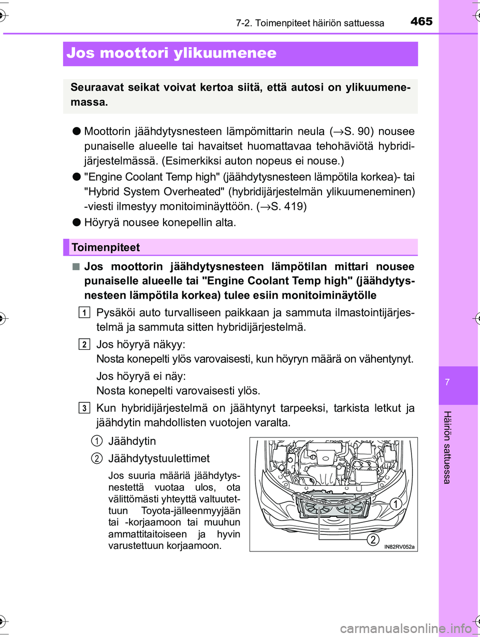 TOYOTA RAV4 2015  Omistajan Käsikirja (in Finnish) 4657-2. Toimenpiteet häiriön sattuessa
OM42A57FI
7
Häiriön sattuessa
Jos moottori ylikuumenee
●Moottorin jäähdytysnesteen  lämpömittarin neula (→S. 90)  nousee
punaiselle alueelle tai hava
