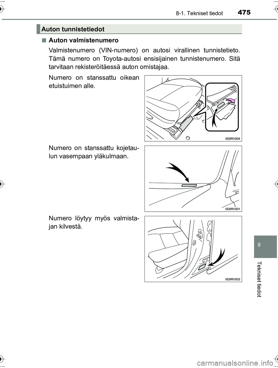 TOYOTA RAV4 2015  Omistajan Käsikirja (in Finnish) 4758-1. Tekniset tiedot
OM42A57FI
8
Tekniset tiedot
■Auton valmistenumero
Valmistenumero (VIN-numero) on autosi virallinen tunnistetieto.
Tämä numero on Toyota-autosi ensisijainen tunnistenumero. 