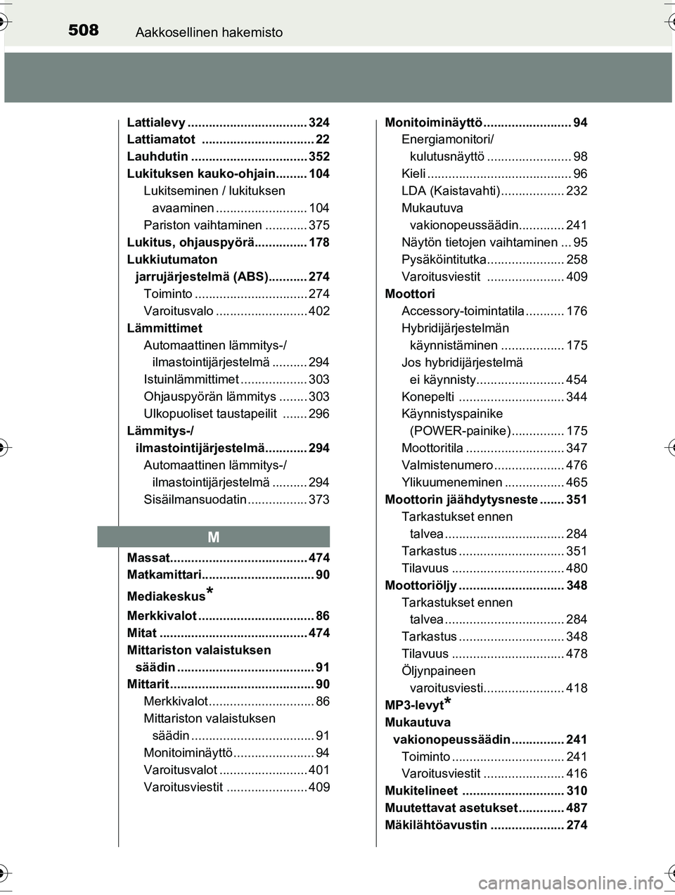 TOYOTA RAV4 2015 Omistajan Käsikirja (in Finnish) 508Aakkosellinen hakemisto
OM42A57FI
Lattialevy .................................. 324
Lattiamatot ................................ 22
Lauhdutin ................................. 352
Lukituksen kauko- TOYOTA RAV4 2015 Omistajan Käsikirja (in Finnish) 508Aakkosellinen hakemisto
OM42A57FI
Lattialevy .................................. 324
Lattiamatot ................................ 22
Lauhdutin ................................. 352
Lukituksen kauko-