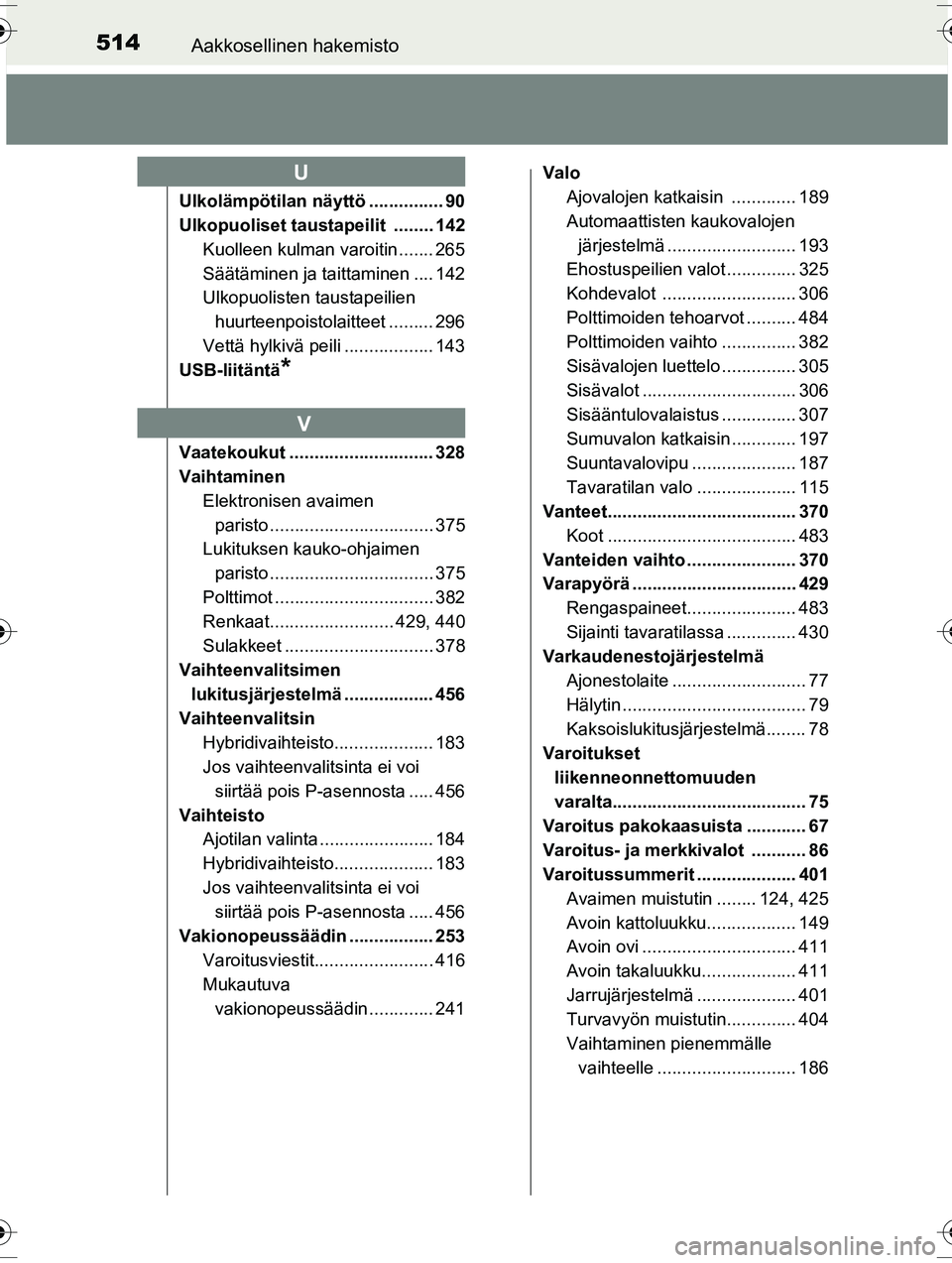 TOYOTA RAV4 2015 Omistajan Käsikirja (in Finnish) 514Aakkosellinen hakemisto
OM42A57FI
Ulkolämpötilan näyttö ............... 90
Ulkopuoliset taustapeilit ........ 142Kuolleen kulman varoitin ....... 265
Säätäminen ja taittaminen .... 142
Ulko TOYOTA RAV4 2015 Omistajan Käsikirja (in Finnish) 514Aakkosellinen hakemisto
OM42A57FI
Ulkolämpötilan näyttö ............... 90
Ulkopuoliset taustapeilit ........ 142Kuolleen kulman varoitin ....... 265
Säätäminen ja taittaminen .... 142
Ulko