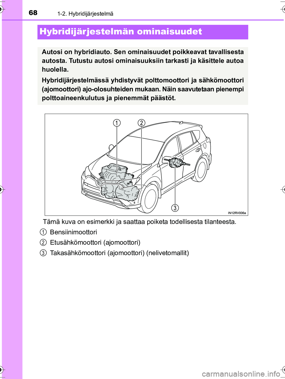 TOYOTA RAV4 2015  Omistajan Käsikirja (in Finnish) 681-2. Hybridijärjestelmä
OM42A57FI
Hybridijärjestelmän ominaisuudet
Tämä kuva on esimerkki ja saattaa poiketa todellisesta tilanteesta.Bensiinimoottori
Etusähkömoottori (ajomoottori)
Takasäh