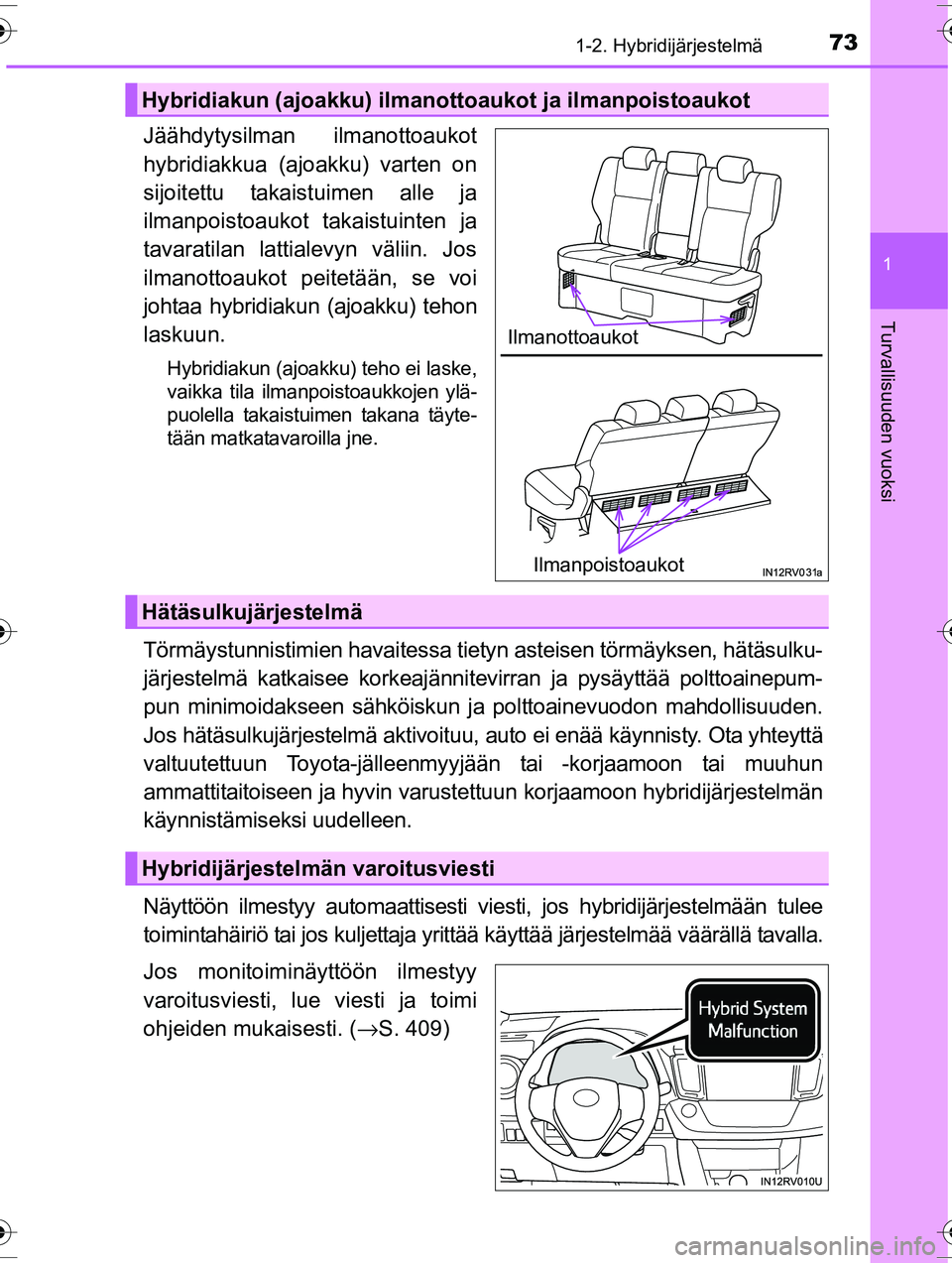 TOYOTA RAV4 2015 Omistajan Käsikirja (in Finnish) 731-2. Hybridijärjestelmä
1
OM42A57FI
Turvallisuuden vuoksi
Jäähdytysilman ilmanottoaukot
hybridiakkua (ajoakku) varten on
sijoitettu takaistuimen alle ja
ilmanpoistoaukot takaistuinten ja
tavarat TOYOTA RAV4 2015 Omistajan Käsikirja (in Finnish) 731-2. Hybridijärjestelmä
1
OM42A57FI
Turvallisuuden vuoksi
Jäähdytysilman ilmanottoaukot
hybridiakkua (ajoakku) varten on
sijoitettu takaistuimen alle ja
ilmanpoistoaukot takaistuinten ja
tavarat