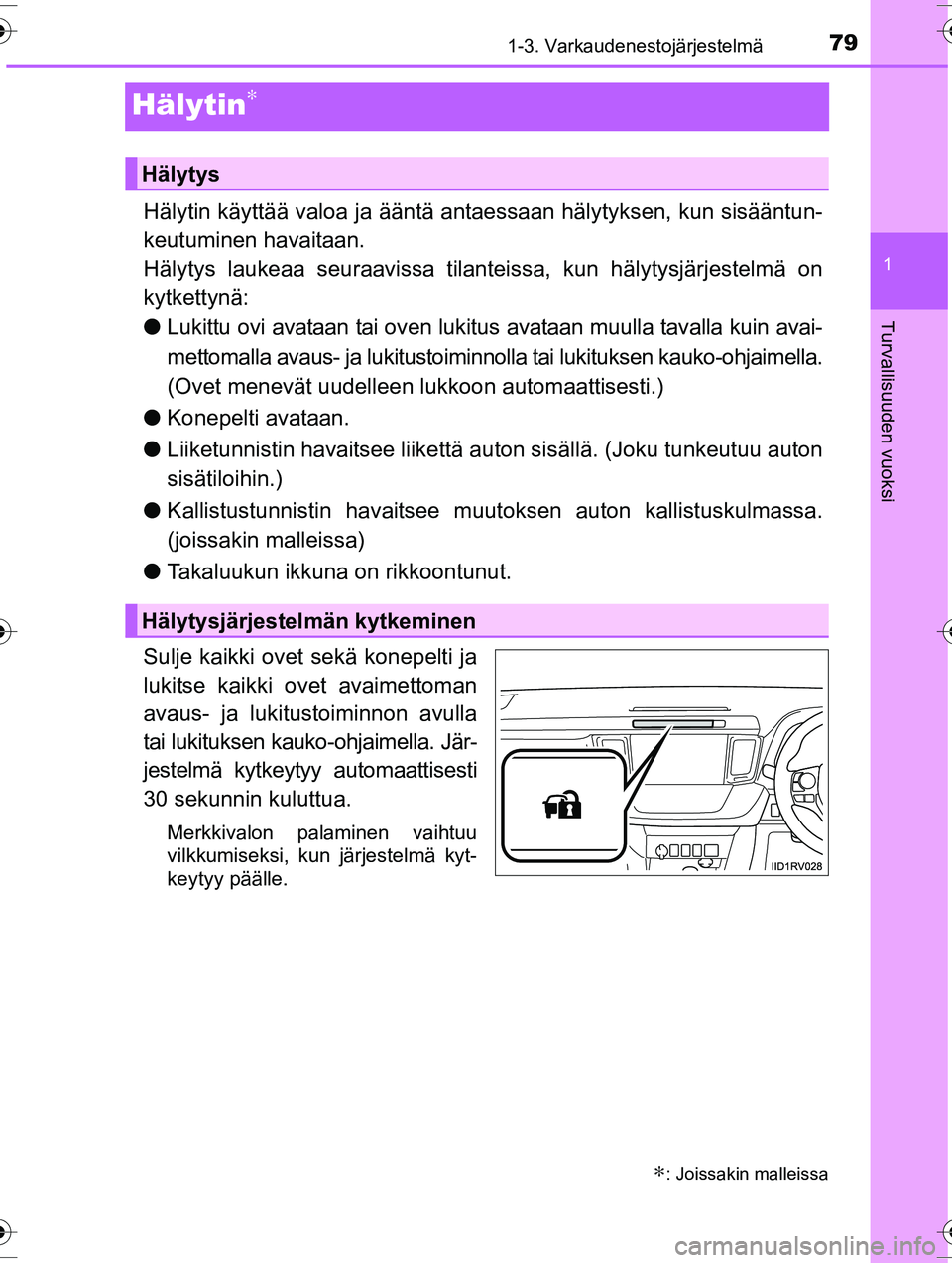 TOYOTA RAV4 2015 Omistajan Käsikirja (in Finnish) 79
1
1-3. Varkaudenestojärjestelmä
OM42A57FI
Turvallisuuden vuoksi
Hälytin∗
Hälytin käyttää valoa ja ääntä antaessaan hälytyksen, kun sisääntun-
keutuminen havaitaan.
Hälytys laukeaa s TOYOTA RAV4 2015 Omistajan Käsikirja (in Finnish) 79
1
1-3. Varkaudenestojärjestelmä
OM42A57FI
Turvallisuuden vuoksi
Hälytin∗
Hälytin käyttää valoa ja ääntä antaessaan hälytyksen, kun sisääntun-
keutuminen havaitaan.
Hälytys laukeaa s