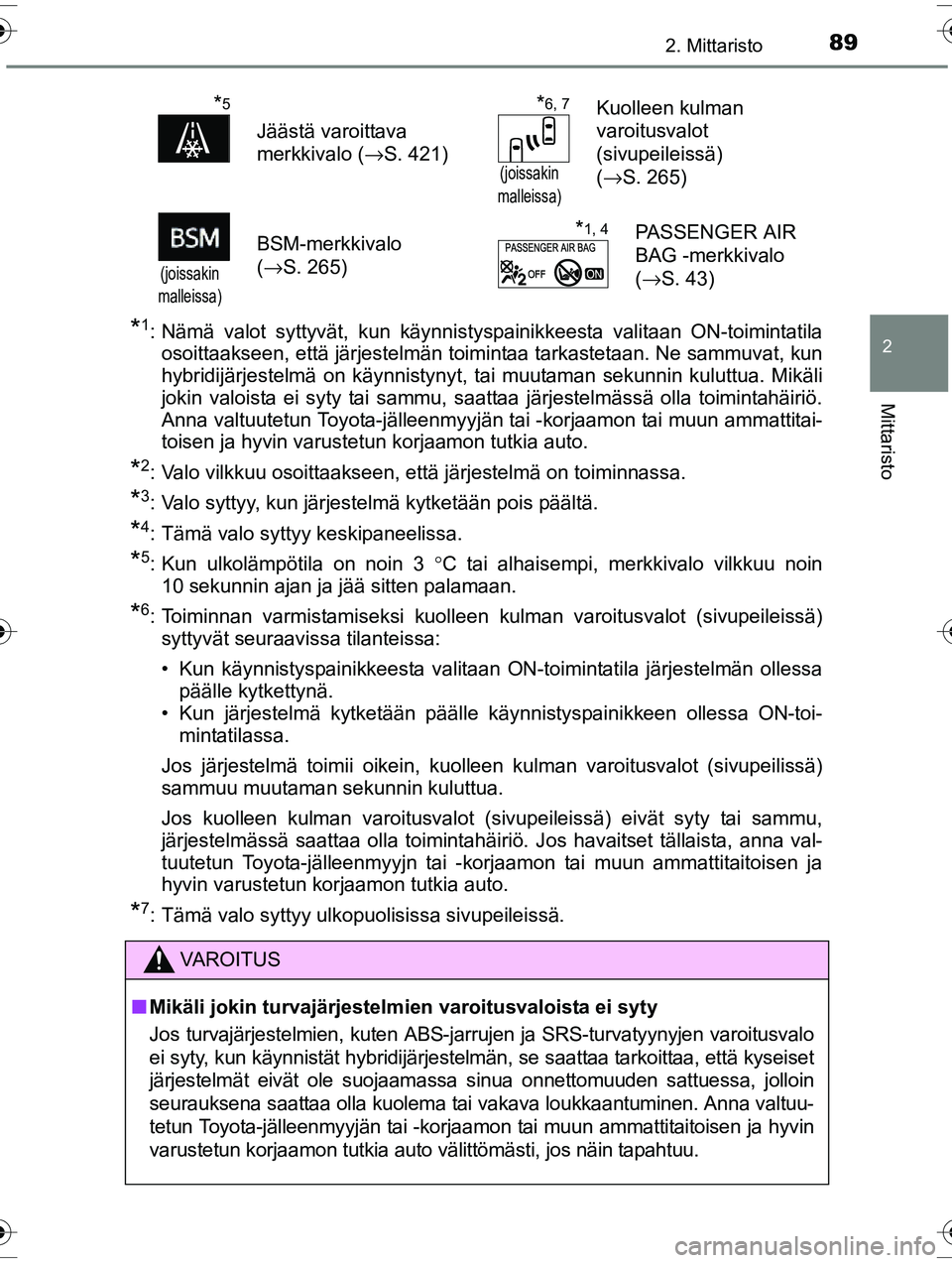 TOYOTA RAV4 2015  Omistajan Käsikirja (in Finnish) 892. Mittaristo
2
Mittaristo
OM42A57FI
*1: Nämä valot syttyvät, kun käynnistyspainikkeesta valitaan ON-toimintatilaosoittaakseen, että järjestelmän toimintaa tarkastetaan. Ne sammuvat, kun
hybr
