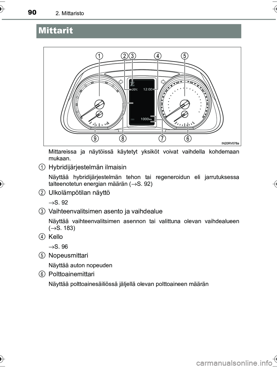 TOYOTA RAV4 2015  Omistajan Käsikirja (in Finnish) 902. Mittaristo
OM42A57FI
Mittarit
Mittareissa ja näytöissä käytetyt yksiköt voivat vaihdella kohdemaan
mukaan.
Hybridijärjestelmän ilmaisin
Näyttää hybridijärjestelmän tehon tai regeneroi