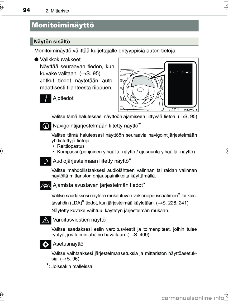 TOYOTA RAV4 2015  Omistajan Käsikirja (in Finnish) 942. Mittaristo
OM42A57FI
Monitoiminäyttö
Monitoiminäyttö välittää kuljettajalle erityyppisiä auton tietoja.
● Valikkokuvakkeet 
Näyttää seuraavan tiedon, kun
kuvake valitaan. (→ S. 95)