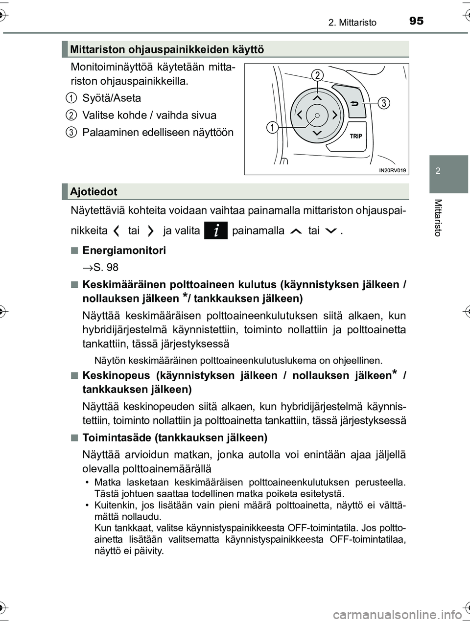 TOYOTA RAV4 2015  Omistajan Käsikirja (in Finnish) 952. Mittaristo
2
Mittaristo
OM42A57FI
Monitoiminäyttöä käytetään mitta-
riston ohjauspainikkeilla.Syötä/Aseta
Valitse kohde / vaihda sivua
Palaaminen edelliseen näyttöön
Näytettäviä koh