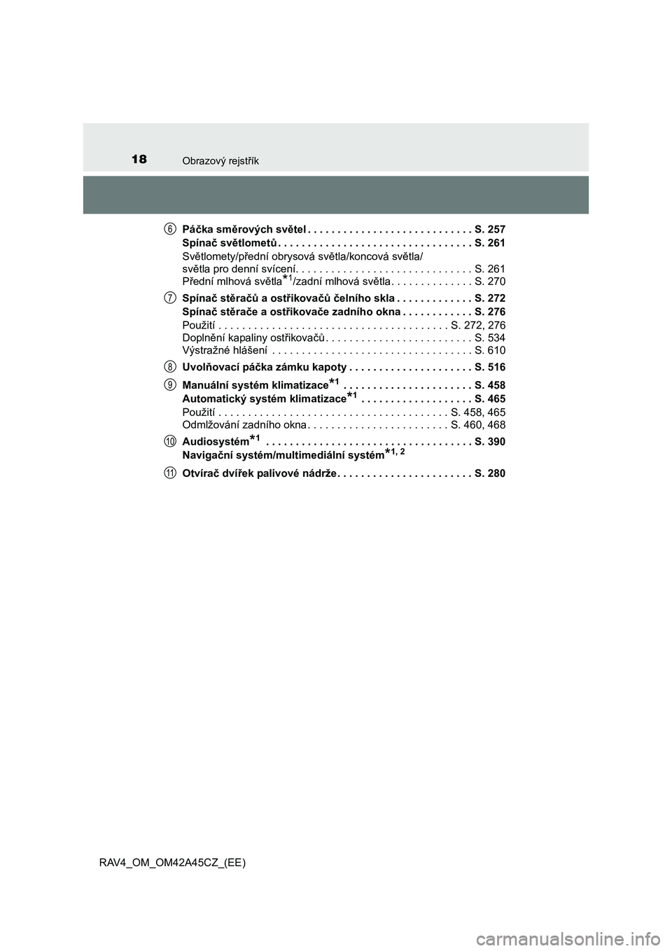 TOYOTA RAV4 2015  Návod na použití (in Czech) 18Obrazový rejstřík
RAV4_OM_OM42A45CZ_(EE)Páčka směrových světel . . . . . . . . . . . . . . . . . . . . . . . . . . . . S. 257
Spínač světlometů. . . . . . . . . . . . . . . . . . . . . .