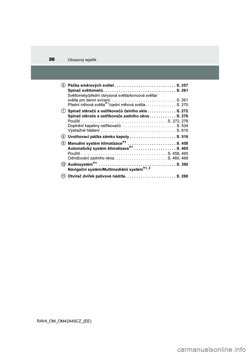 TOYOTA RAV4 2015  Návod na použití (in Czech) 26Obrazový rejstřík
RAV4_OM_OM42A45CZ_(EE)Páčka směrových světel . . . . . . . . . . . . . . . . . . . . . . . . . . . . S. 257
Spínač světlometů. . . . . . . . . . . . . . . . . . . . . .