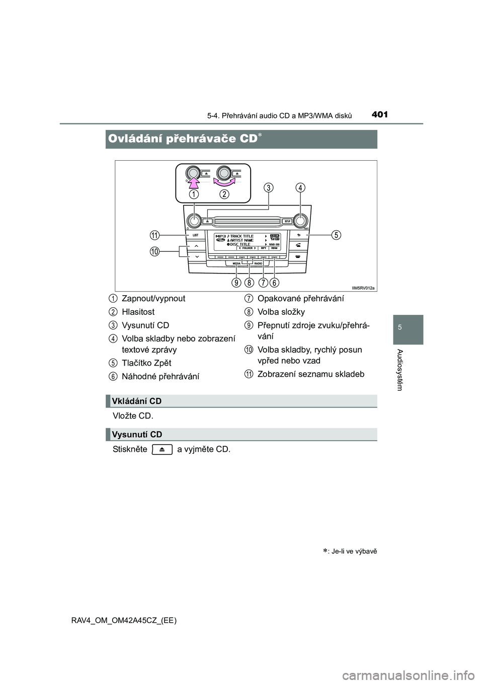 TOYOTA RAV4 2015  Návod na použití (in Czech) 401
5
5-4. Přehrávání audio CD a MP3/WMA disků
Audiosystém
RAV4_OM_OM42A45CZ_(EE)
Ovládání přehrávače CD
Vložte CD.
St i sk něte   a vyjměte CD.
: Je-li ve výbavě
Zapnout/vypnou
