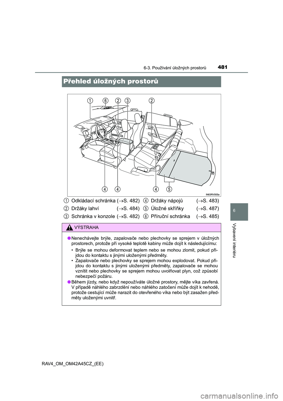 TOYOTA RAV4 2015 Návod na použití (in Czech) 4816-3. Používání úložných prostorů
RAV4_OM_OM42A45CZ_(EE)
6
Vybavení interiéru
Přehled úložných prostorů
Odkládací schránka (S. 482)
Držáky lahví (S. 484)
Schránka v konzo TOYOTA RAV4 2015 Návod na použití (in Czech) 4816-3. Používání úložných prostorů
RAV4_OM_OM42A45CZ_(EE)
6
Vybavení interiéru
Přehled úložných prostorů
Odkládací schránka (S. 482)
Držáky lahví (S. 484)
Schránka v konzo