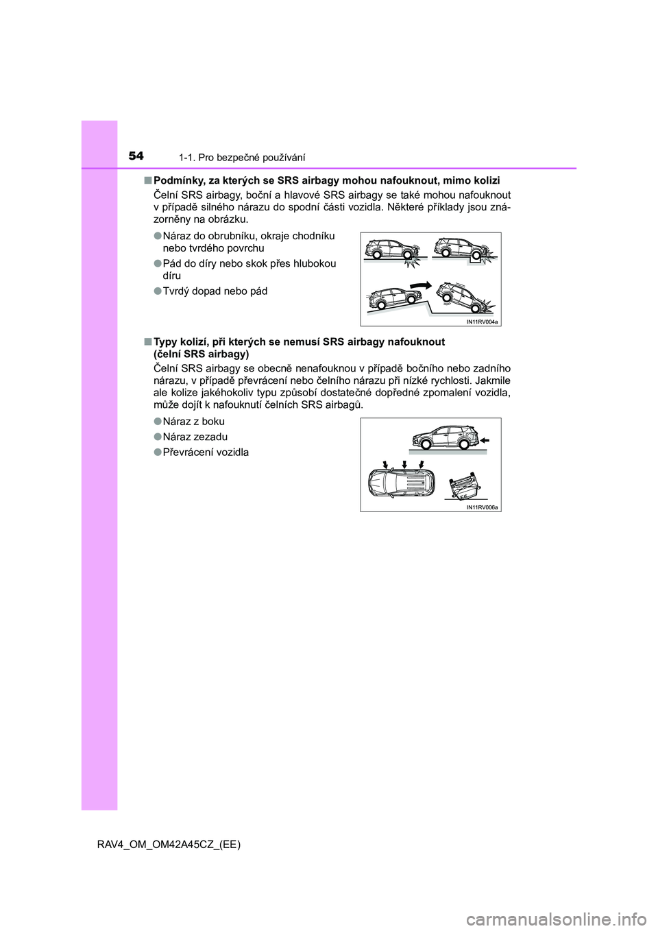 TOYOTA RAV4 2015  Návod na použití (in Czech) 541-1. Pro bezpečné používání
RAV4_OM_OM42A45CZ_(EE)■Podmínky, za kterých se SRS airbagy mohou nafouknout, mimo kolizi 
Čelní SRS airbagy, boční a hlavové SRS airbagy se také mohou naf