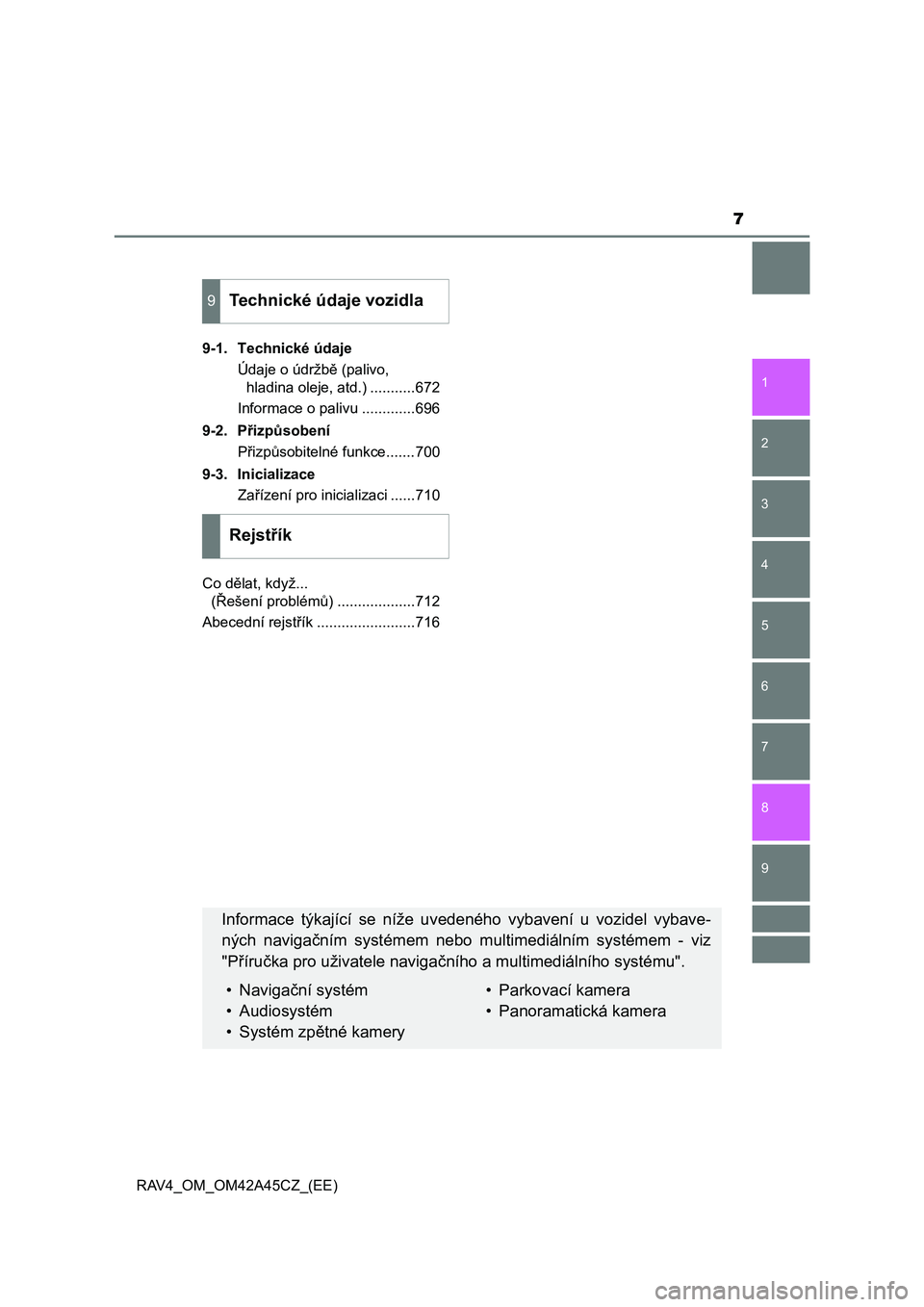 TOYOTA RAV4 2015  Návod na použití (in Czech) 9 8
7
1
7 6
5
4
3
2
RAV4_OM_OM42A45CZ_(EE)9-1. Technické údaje
Údaje o údržbě (palivo, 
hladina oleje, atd.) ...........672
Informace o palivu .............696
9-2. Přizpůsobení
Přizpůsobit